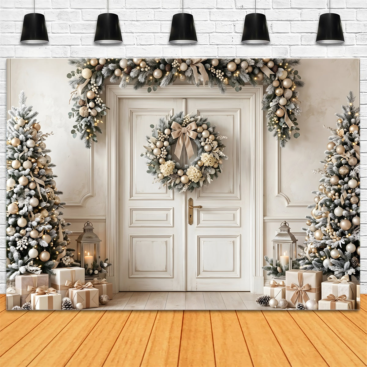 Belle toile de fond de Noël ivoire et or avec porte couronne et sapins CEM65-130