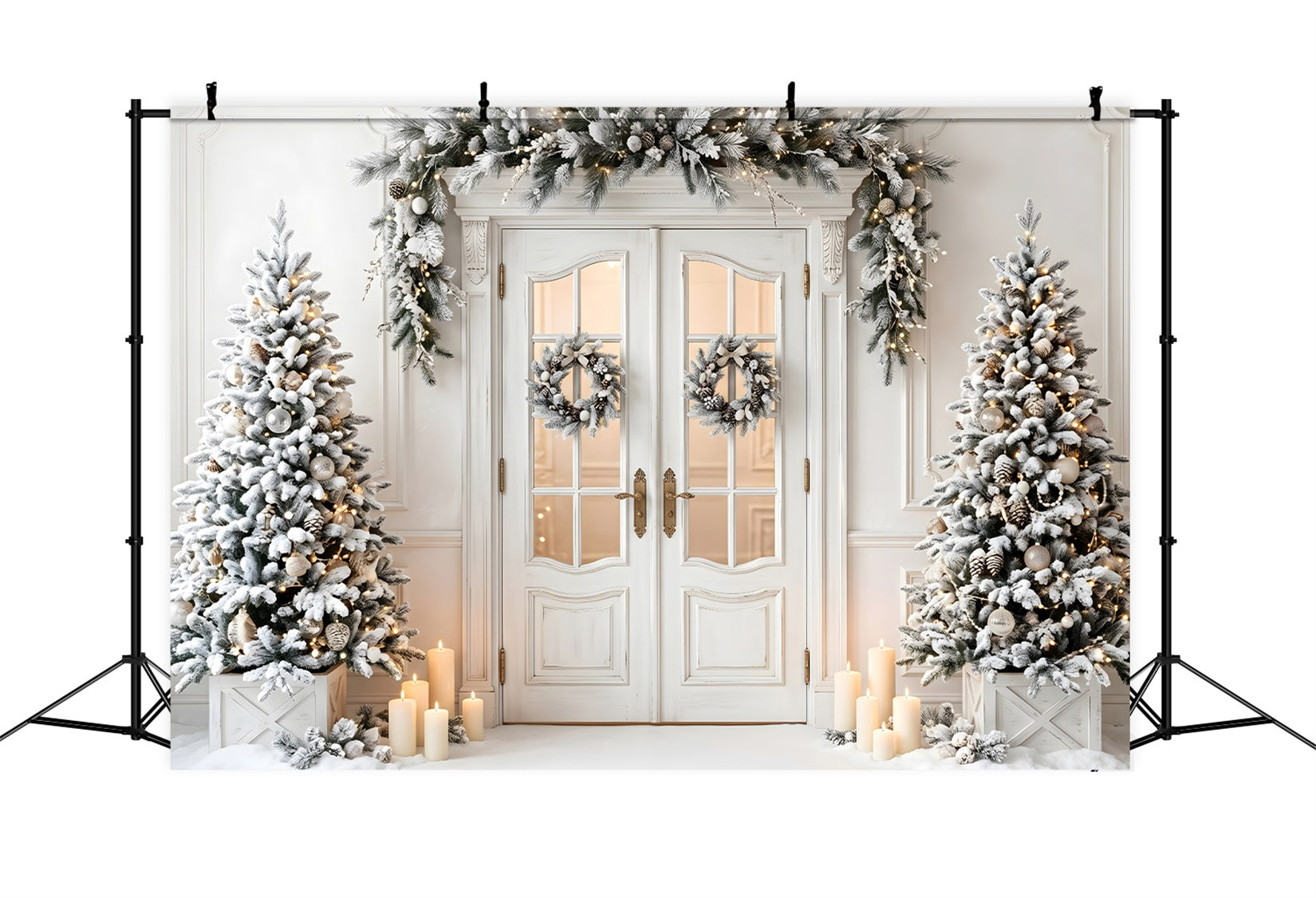 Toile de fond de Noël avec porte blanche givrée couronne et sapins pour photomaton CEM65-134
