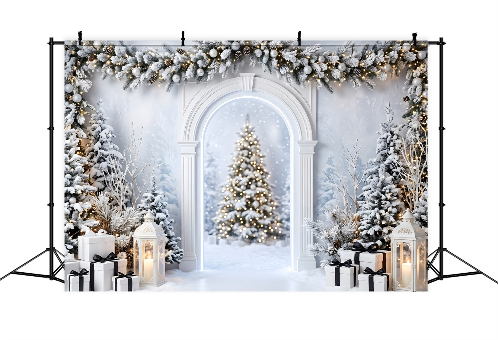 Toile de fond studio de Noël avec arche blanche enneigée lanterne et cadeaux CEM65-135