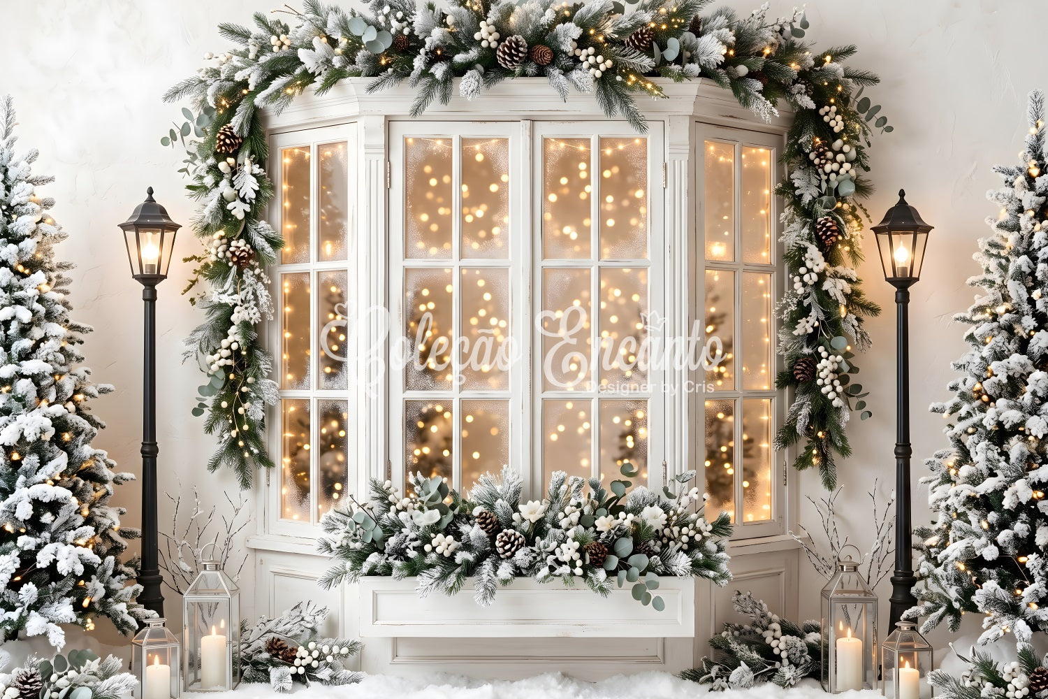 Toile de fond de Noël avec baie vitrée givrée pins et lanternes CEM65-138
