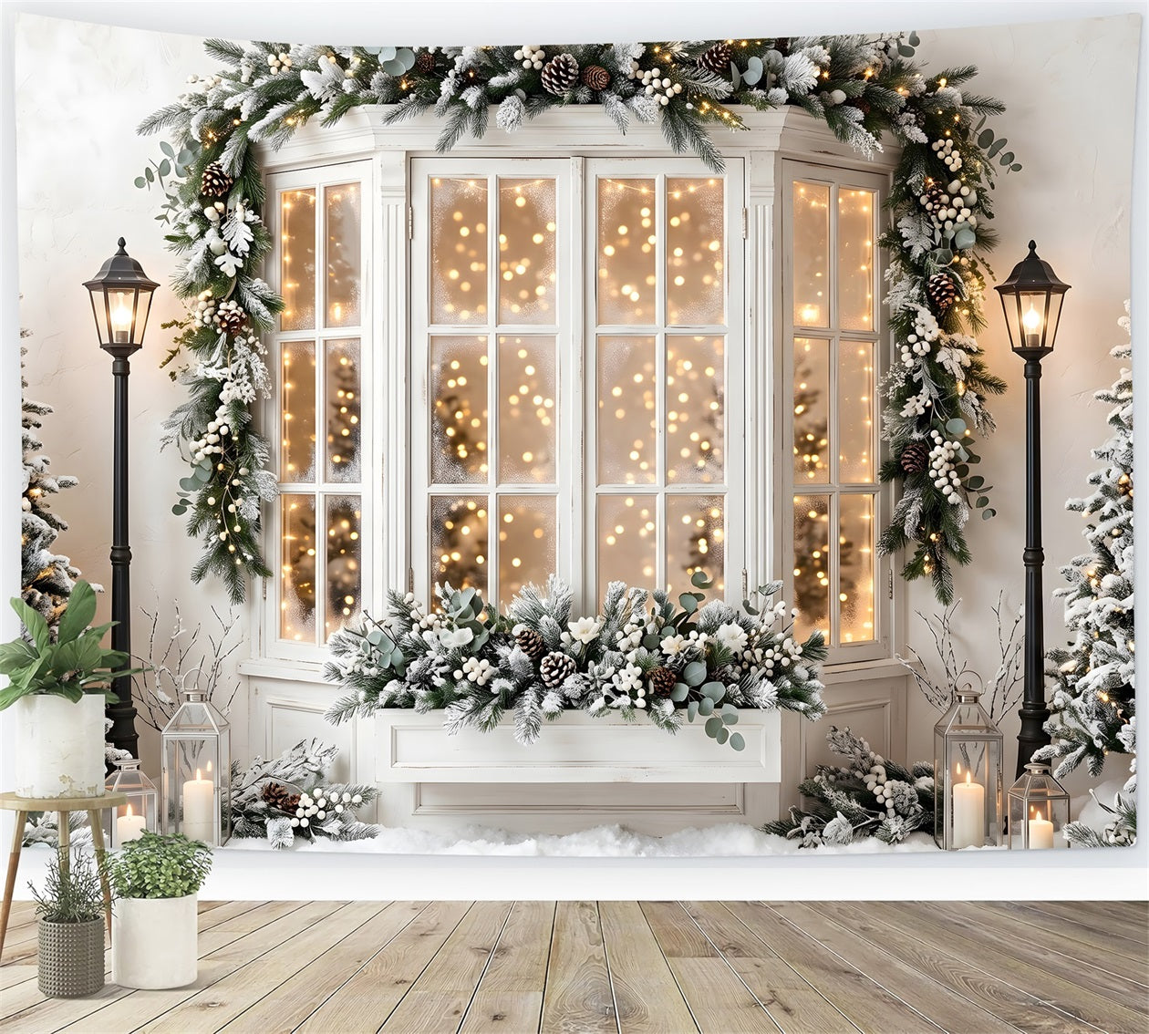 Toile de fond de Noël avec baie vitrée givrée pins et lanternes CEM65-138