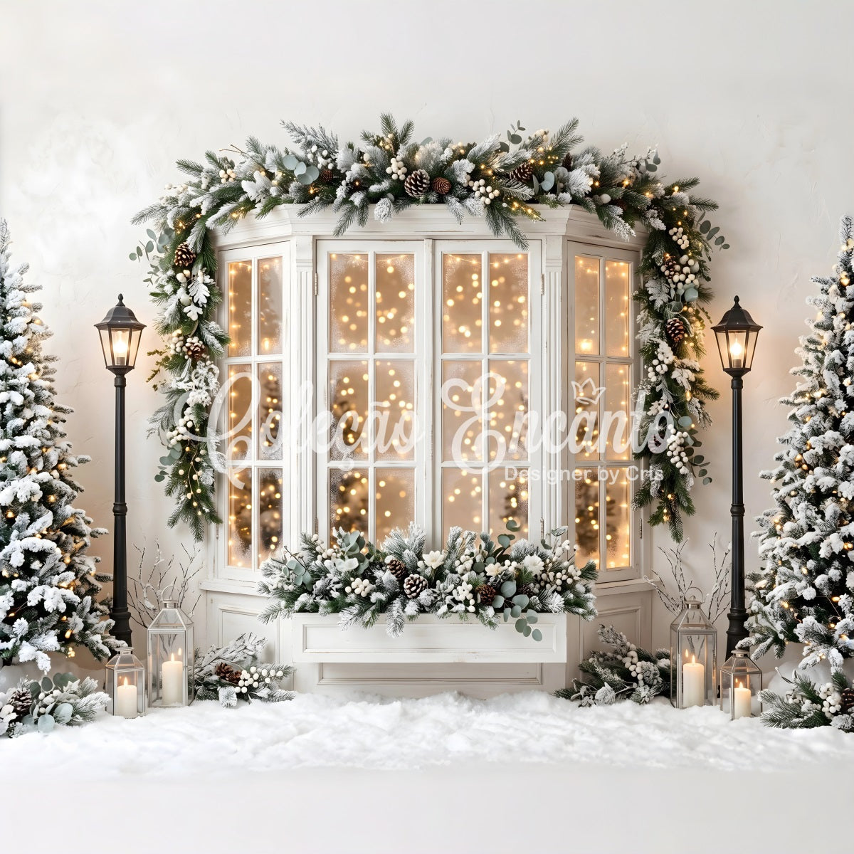 Toile de fond de Noël avec baie vitrée givrée pins et lanternes CEM65-138