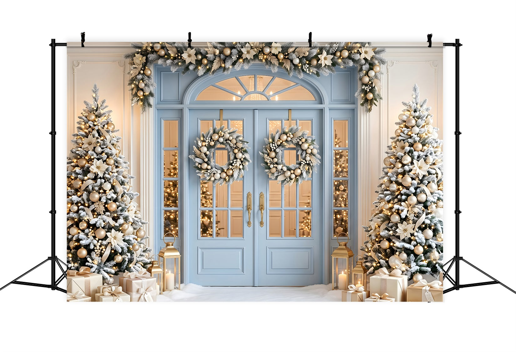 Toile de fond photo de Noël avec porte bleue et sapins dorés givrés CEM65-139