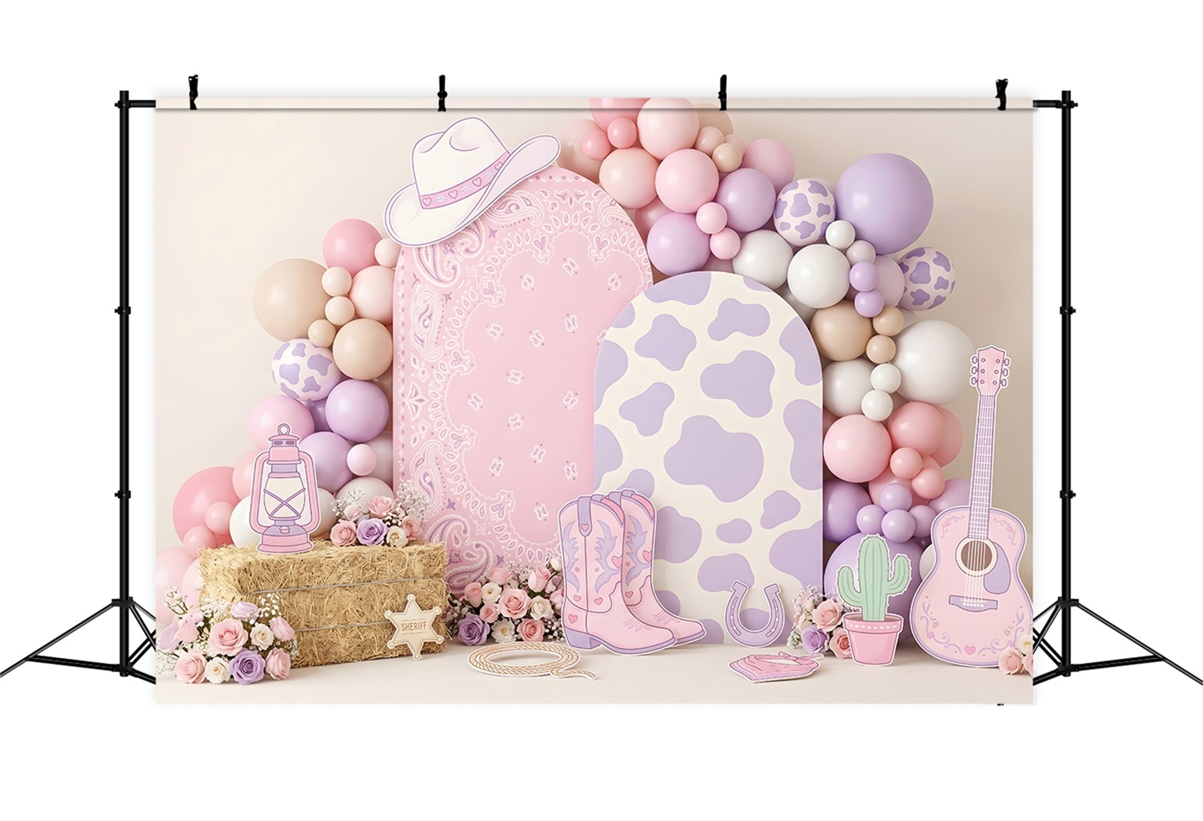 Toile de fond pour enfant et nouveau-né avec ballons pastel et décor de cavalière de l’Ouest américain CEM65-14