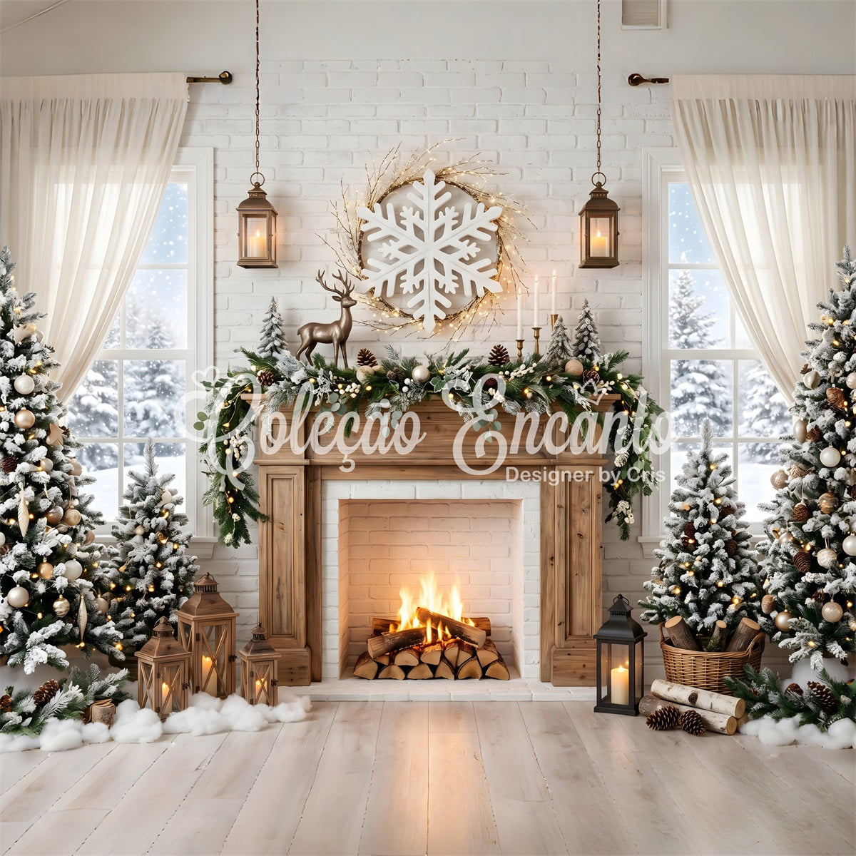 Toile de fond de Noël avec cerf flocons cheminée et pins pour séance photo CEM65-140