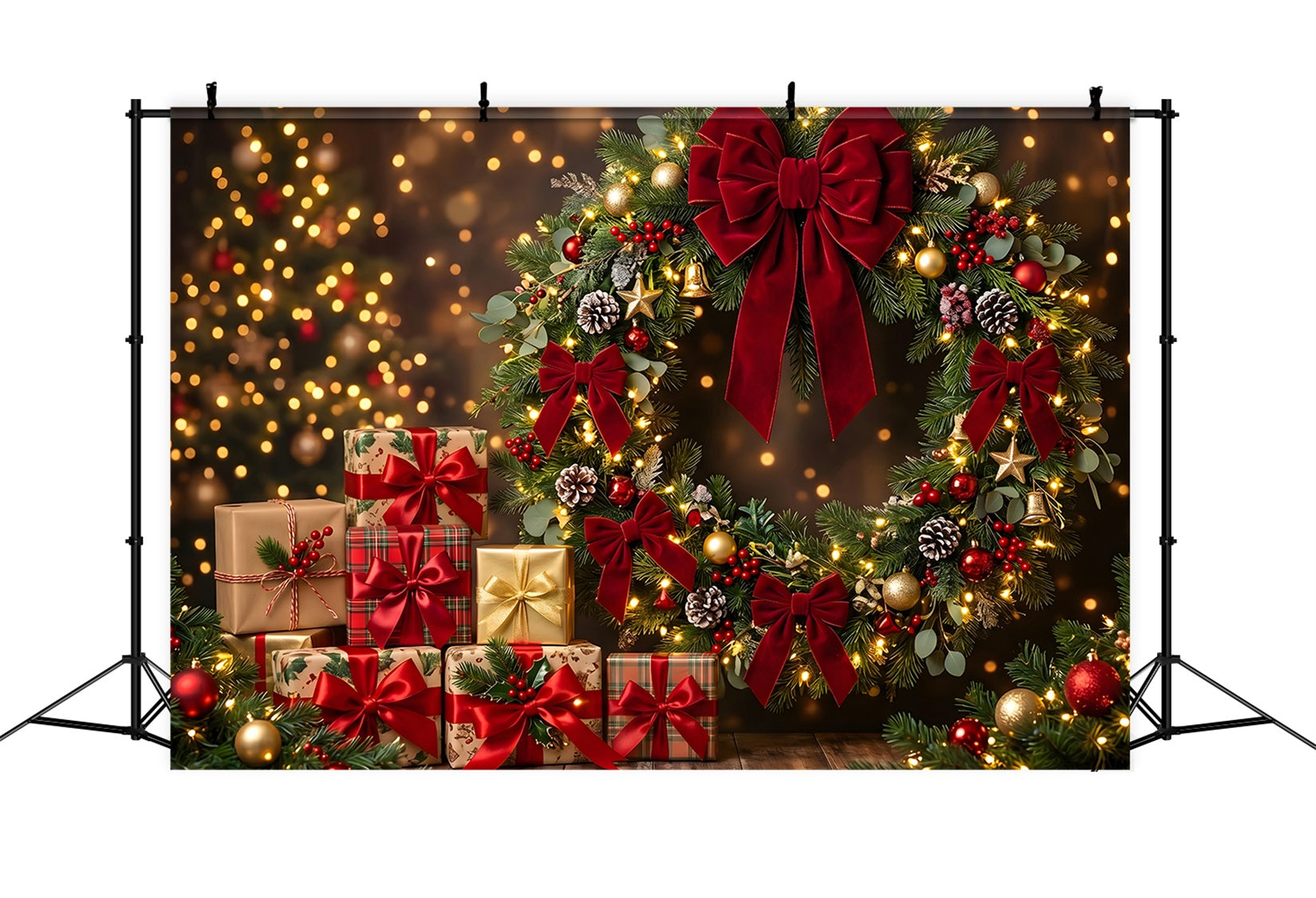 Toile de fond photo de Noël avec couronne à nœud rouge et cadeaux festifs CEM65-143