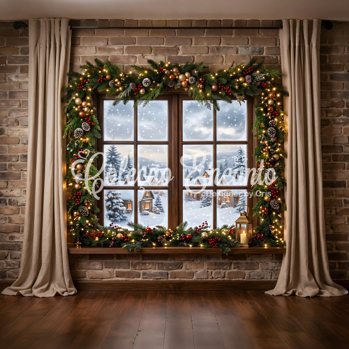 Toile de fond de Noël enneigée avec fenêtre sur village guirlande et lanterne pour studio CEM65-144