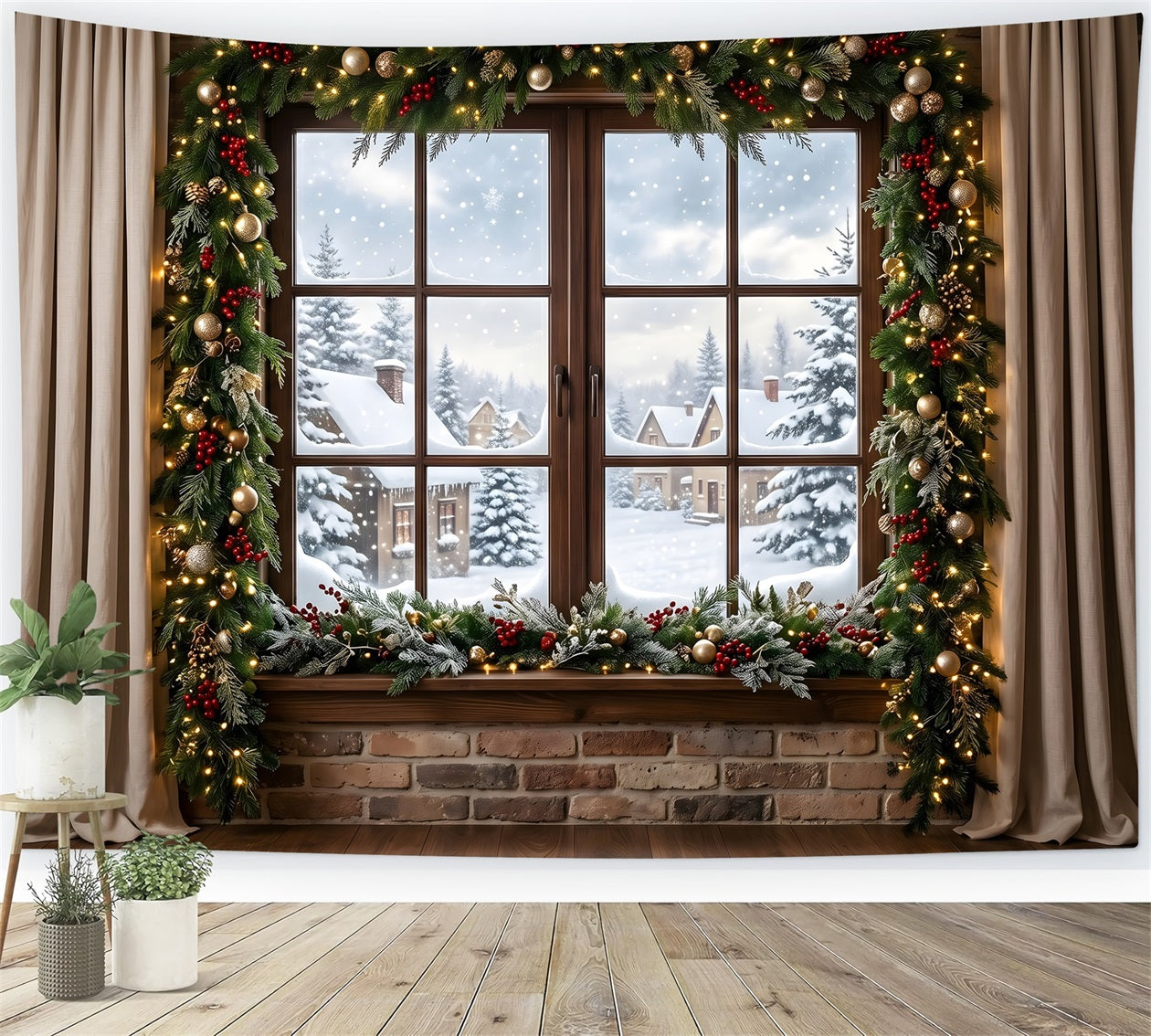 Toile de fond de Noël avec fenêtre sur village enneigé guirlande et rideaux CEM65-146