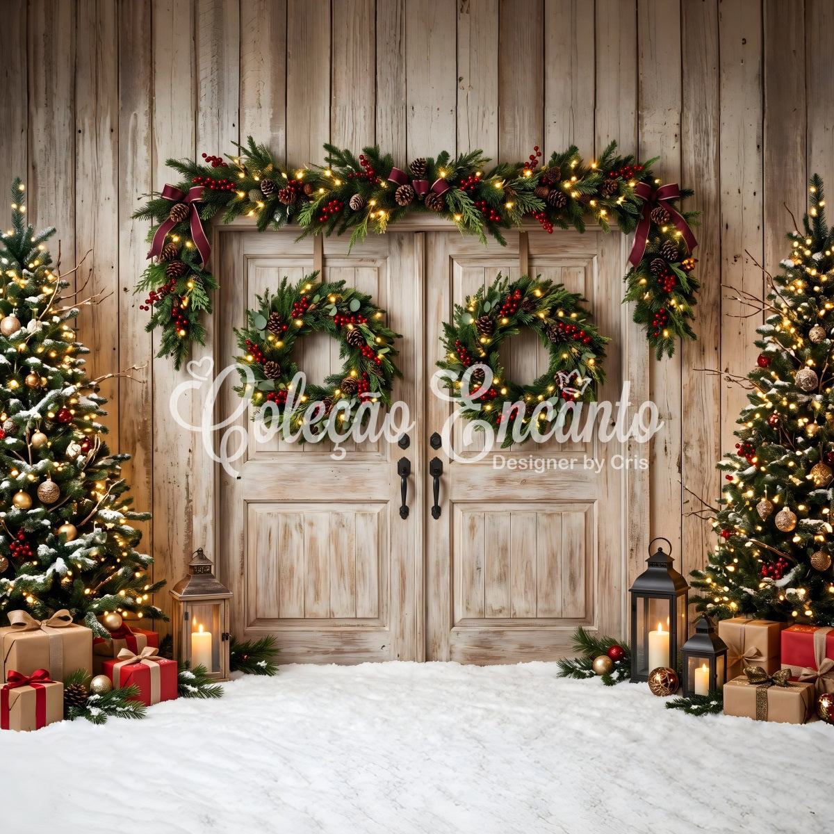 Toile de fond rustique de Noël avec doubles portes couronne et sapins pour séance photo CEM65-147