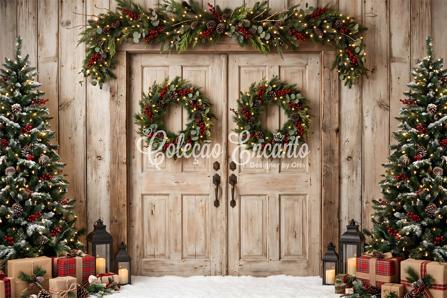Toile de fond de Noël avec portes de grange patinées cadeaux à carreaux et décor de photomaton CEM65-148