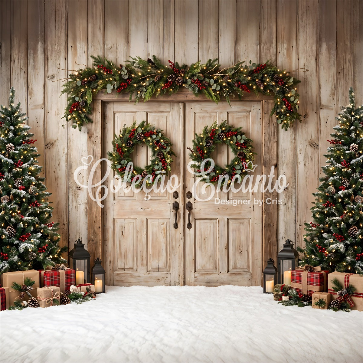 Toile de fond de Noël avec portes de grange patinées cadeaux à carreaux et décor de photomaton CEM65-148