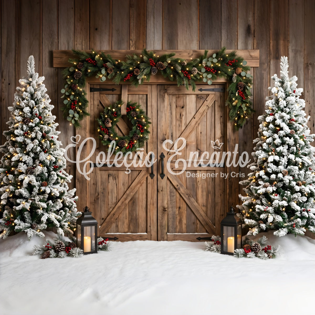 Toile de fond rustique de Noël avec portes de grange enneigées couronne et sapins CEM65-149