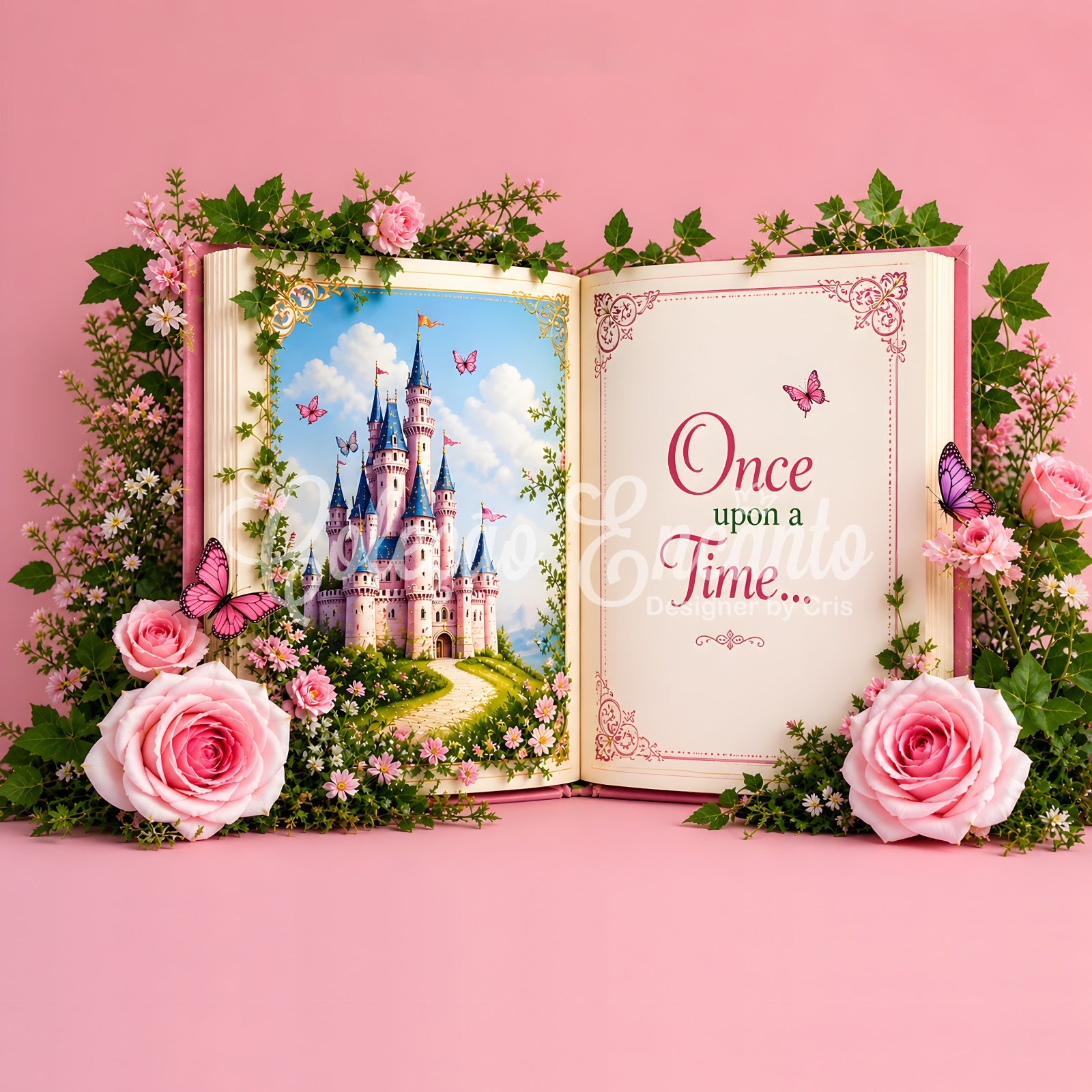 Toile de fond photo pour nouveau-né et enfant avec château féerique livre de contes et roses CEM65-15
