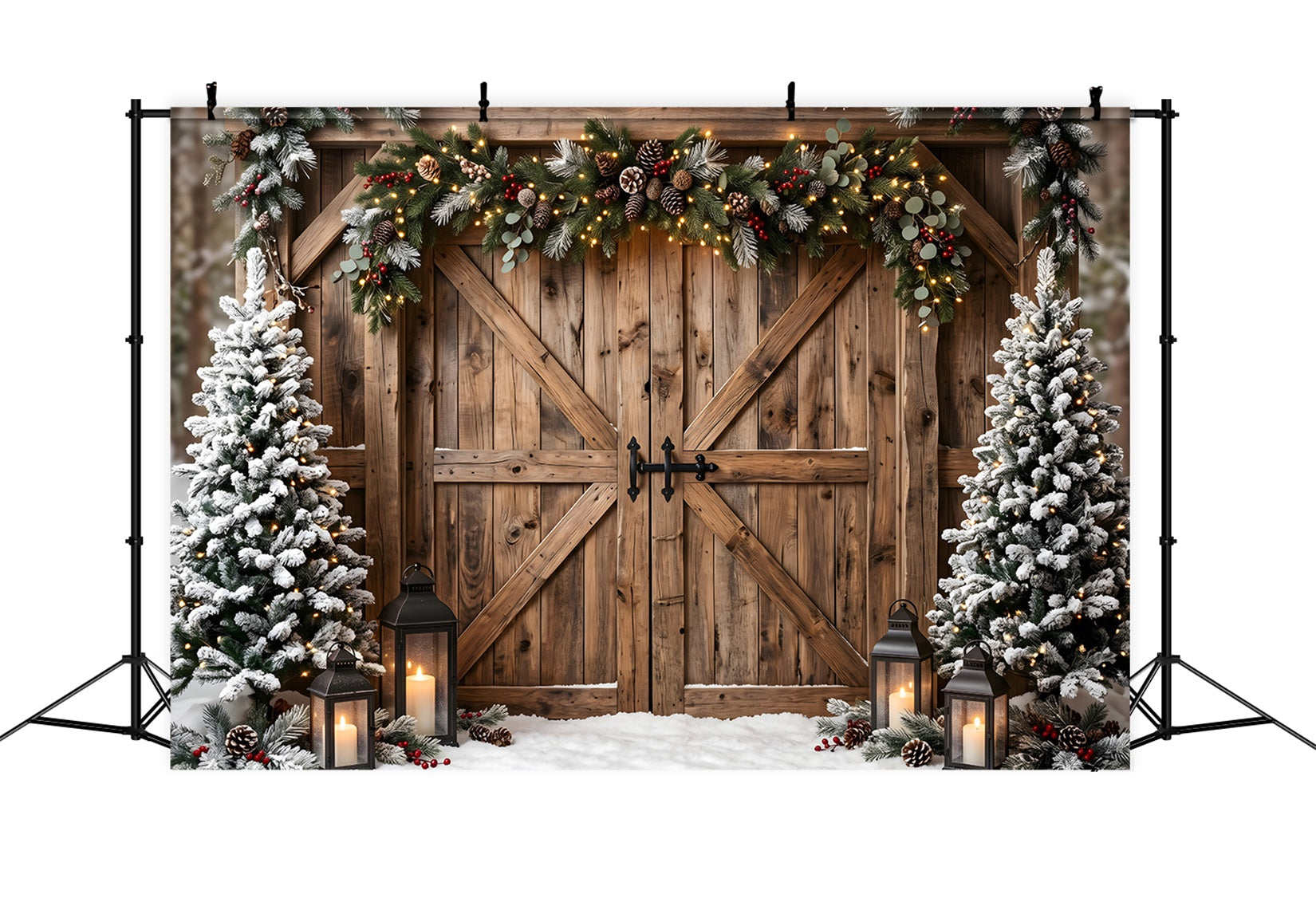 Toile de fond hivernale de Noël avec portail de grange rustique guirlande et lanternes CEM65-150