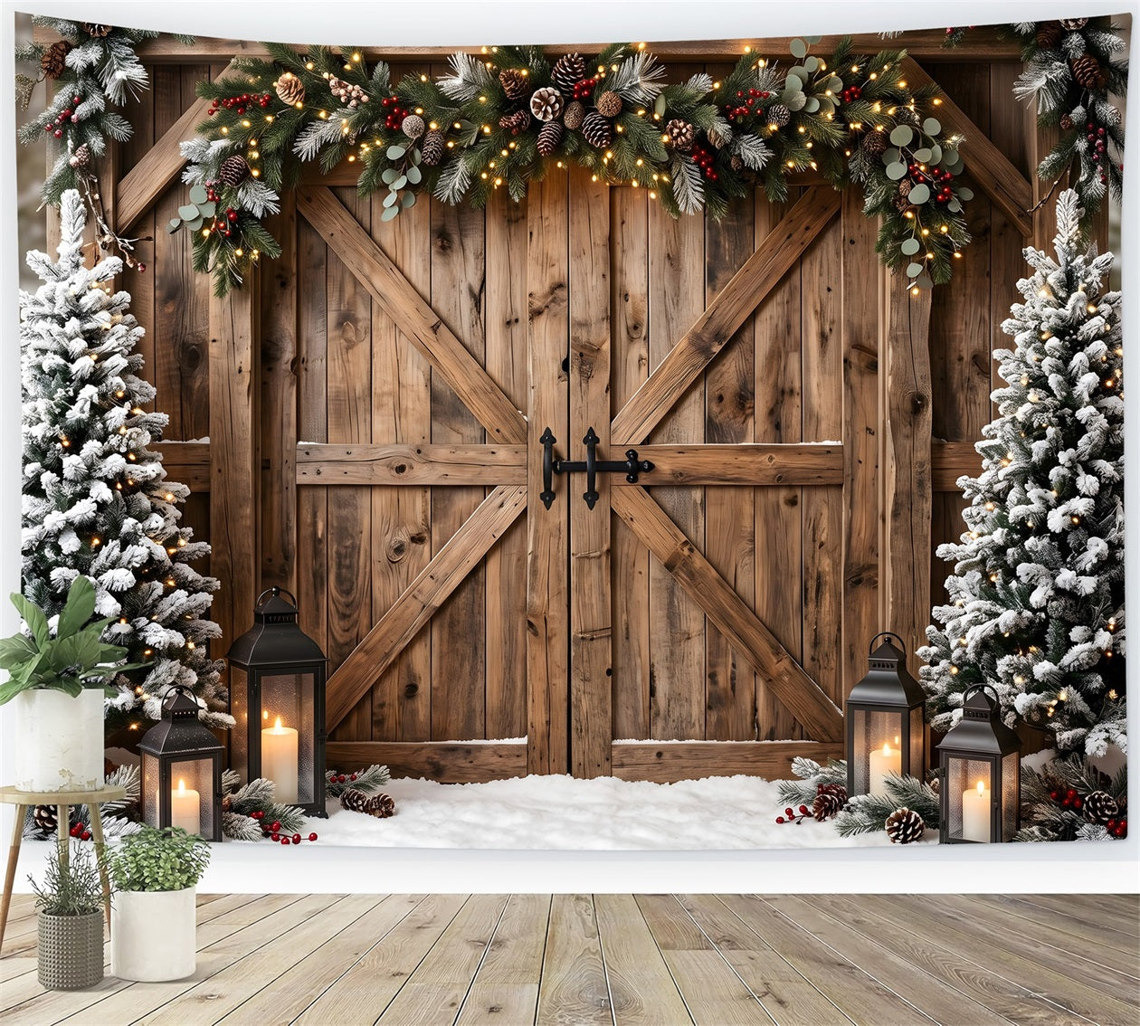 Toile de fond hivernale de Noël avec portail de grange rustique guirlande et lanternes CEM65-150