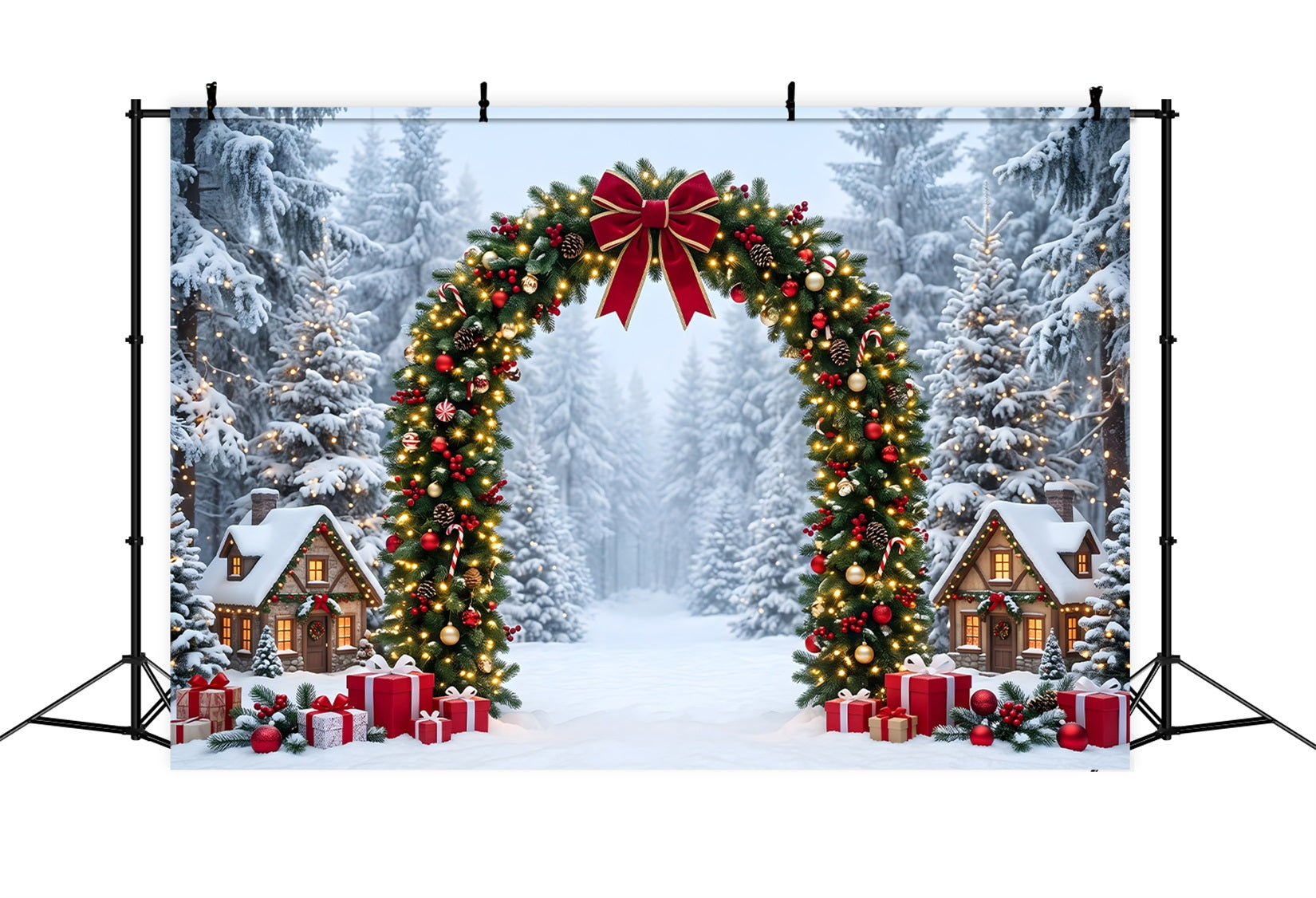 Toile de fond de Noël au pays des merveilles hivernal avec forêt enneigée et arche de village CEM65-158