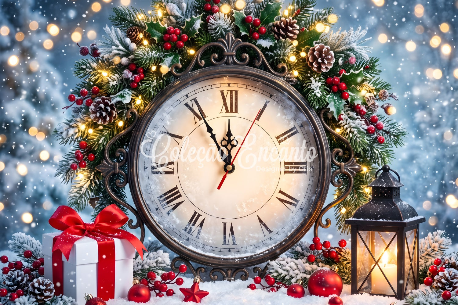 Toile de fond de Noël rétro pour photomaton avec horloge romaine houx et lanterne CEM65-159