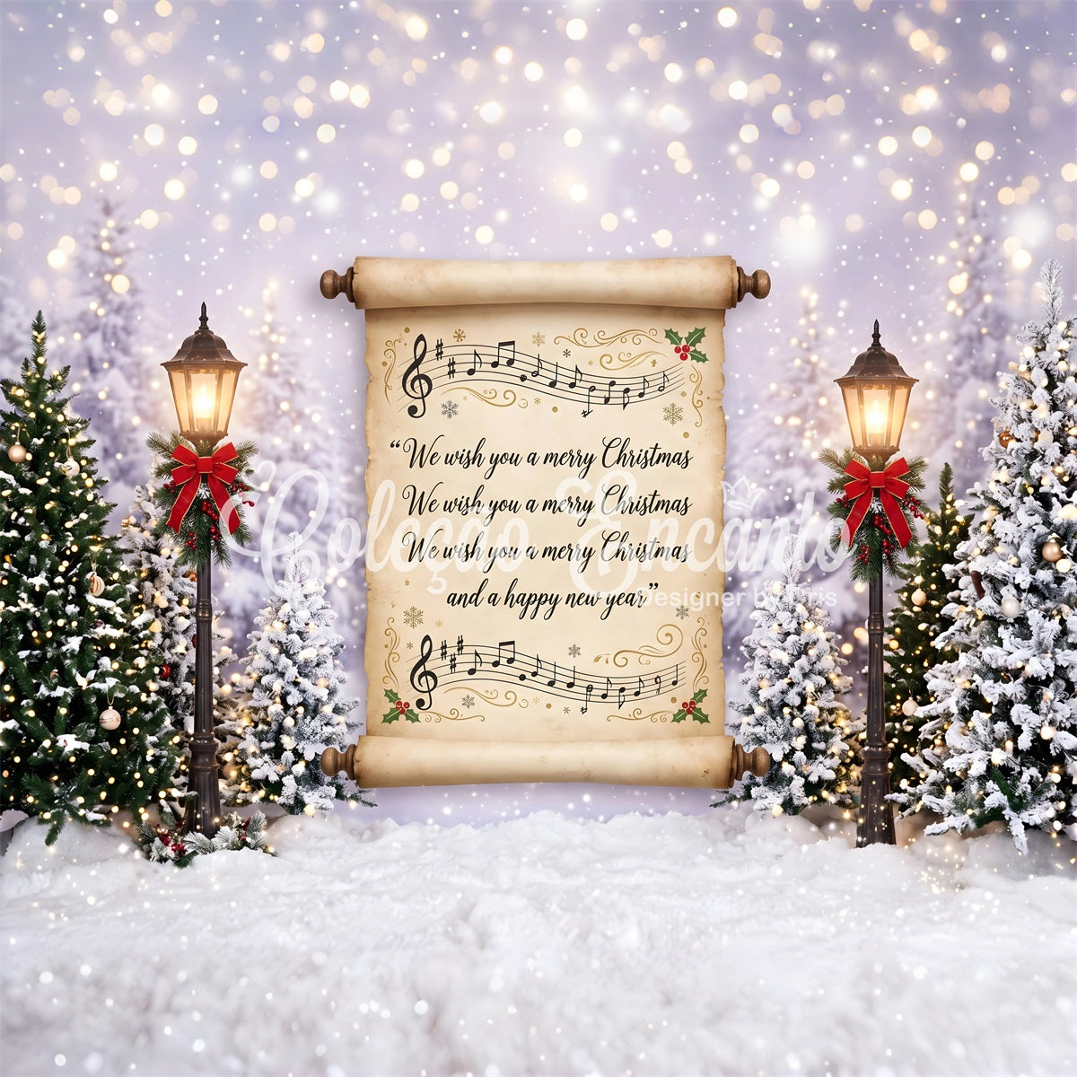 Toile de fond Joyeux Noël avec ancien chant sur parchemin et lanternes enneigées CEM65-160