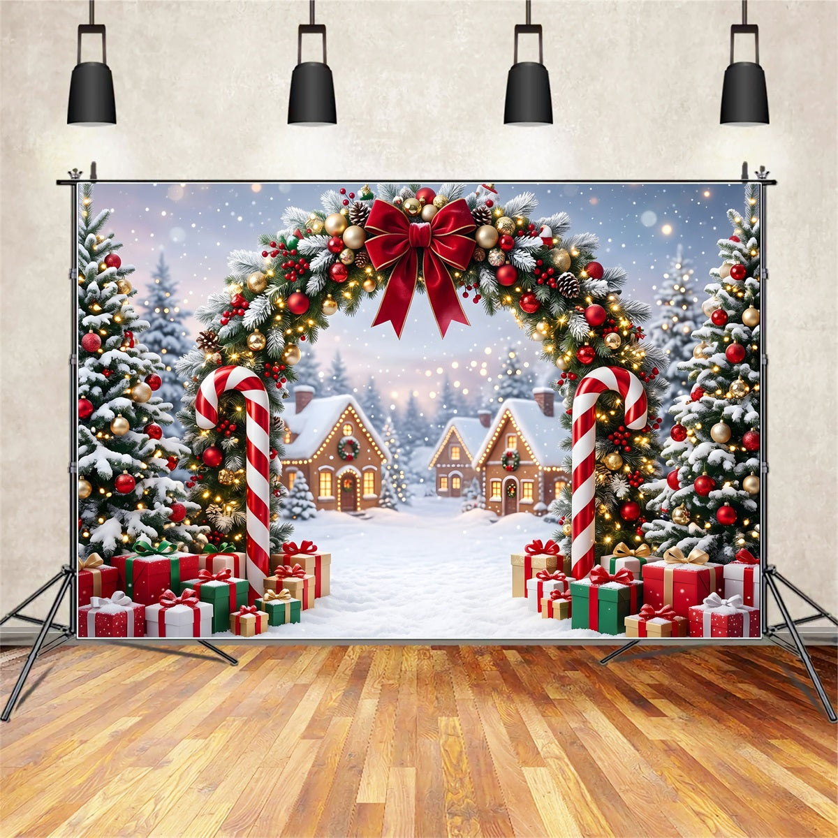 Toile de fond de Noël avec sucres d’orge guirlande et village enneigé CEM65-161