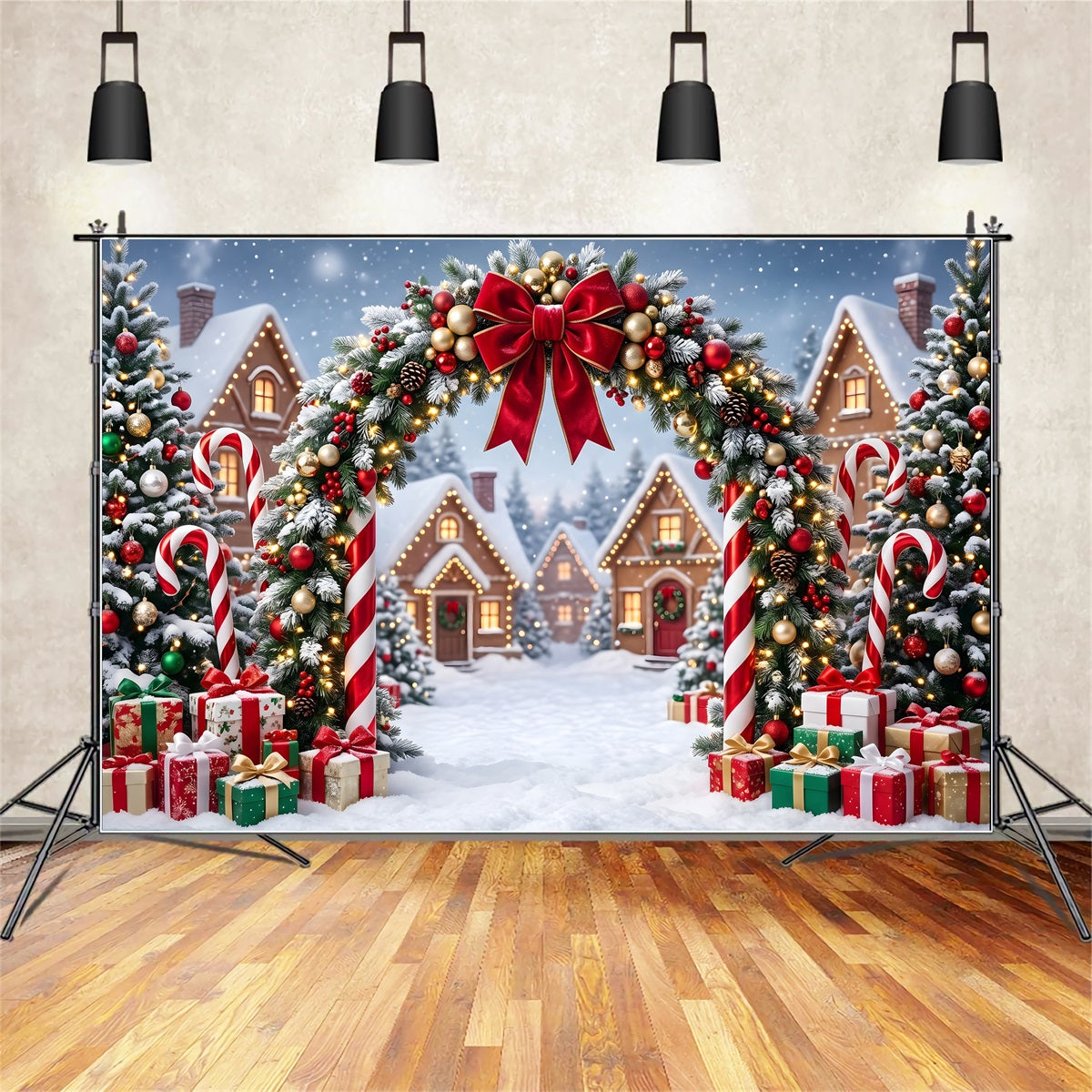 Toile de fond de Noël champêtre avec arche de bonbons maison et lumières festives CEM65-162