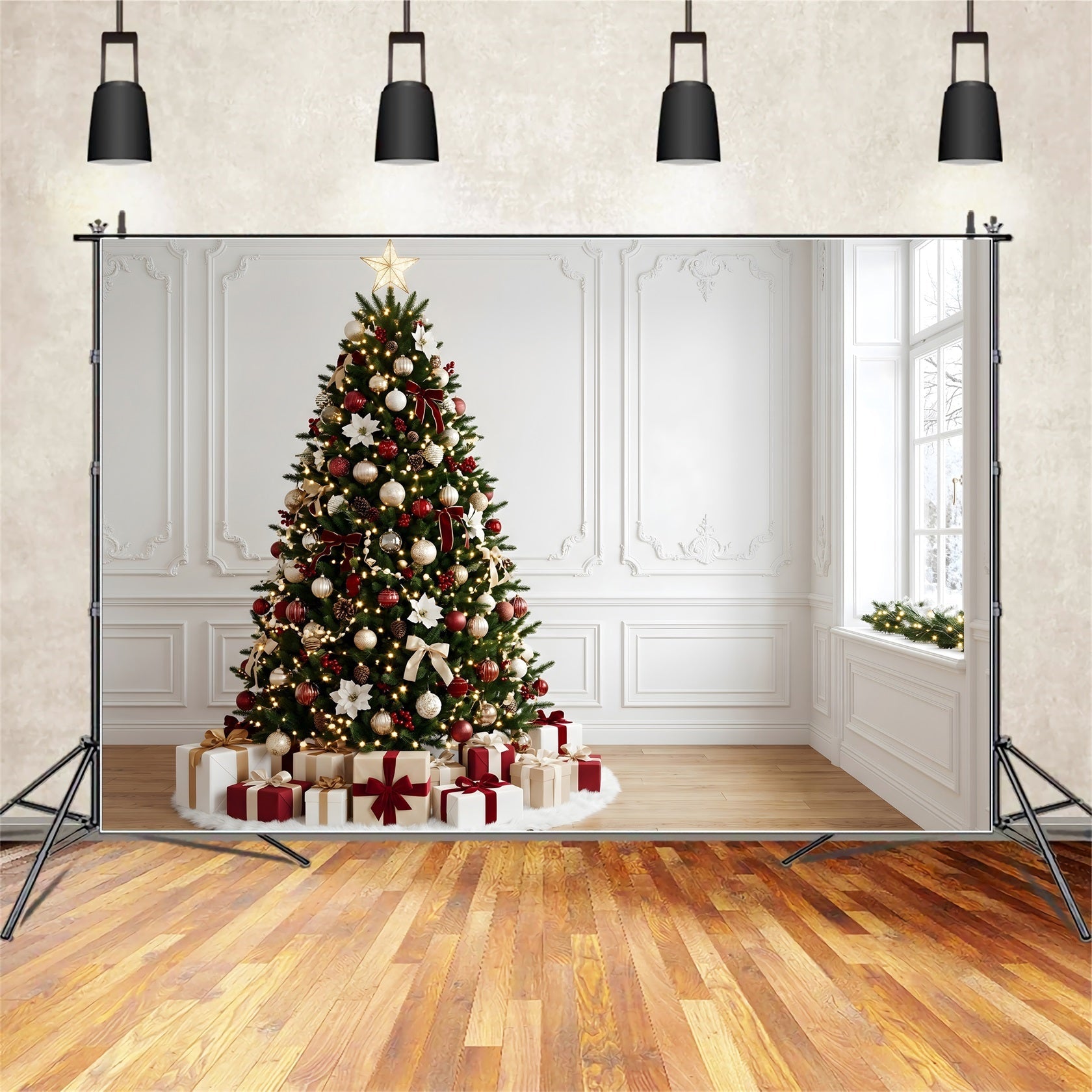 Toile de fond intérieure de Noël avec poinsettias élégants sapin et cadeaux CEM65-163