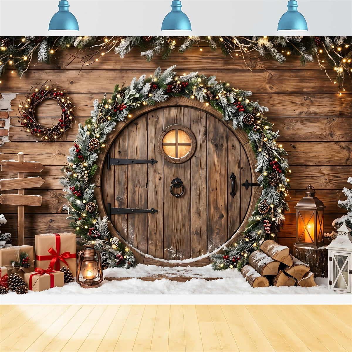 Toile de fond de Noël enneigée avec porte ronde rustique guirlande et lanternes CEM65-164