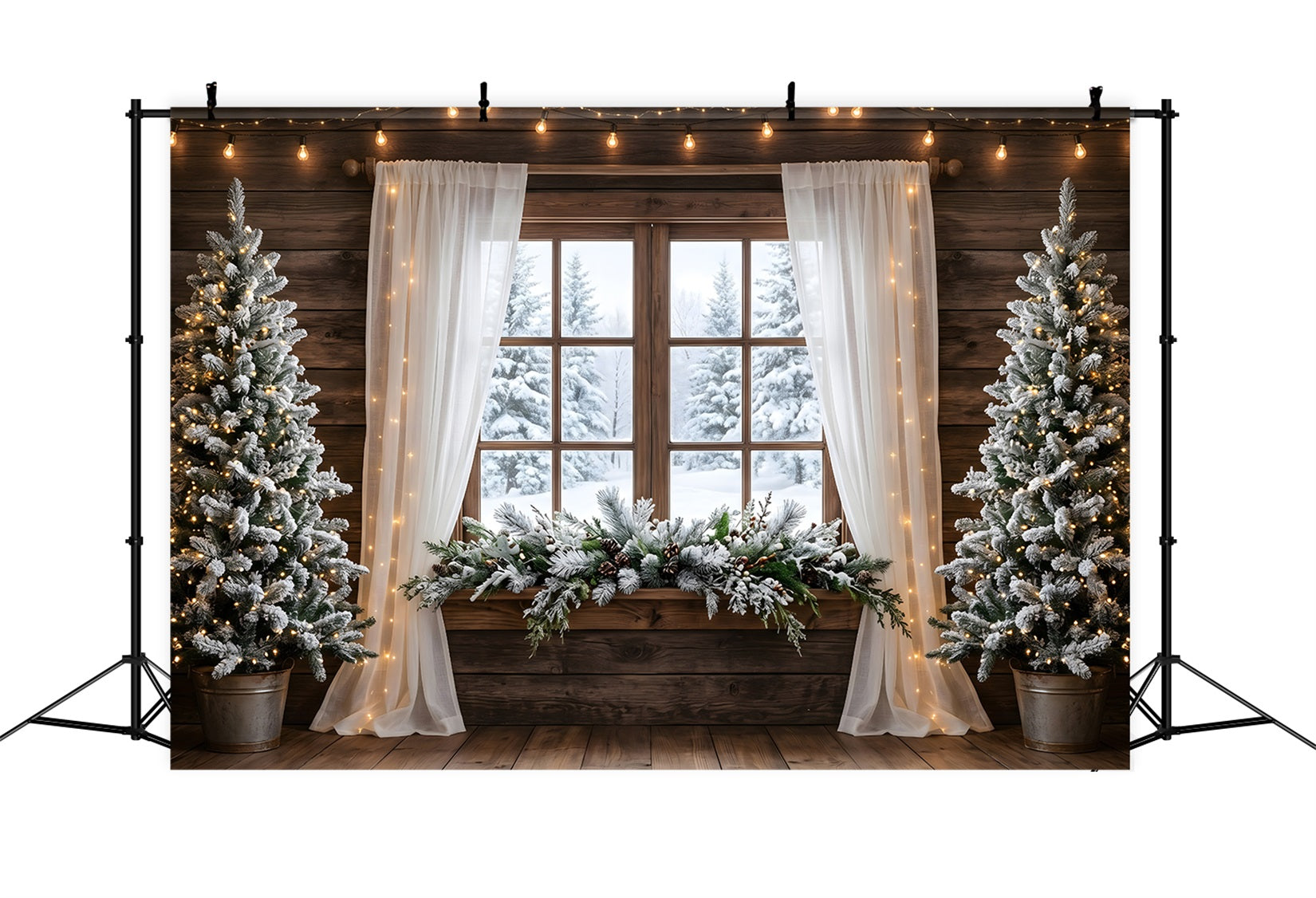 Toile de fond de fête de Noël avec fenêtre rustique enneigée rideaux et lumières CEM65-167