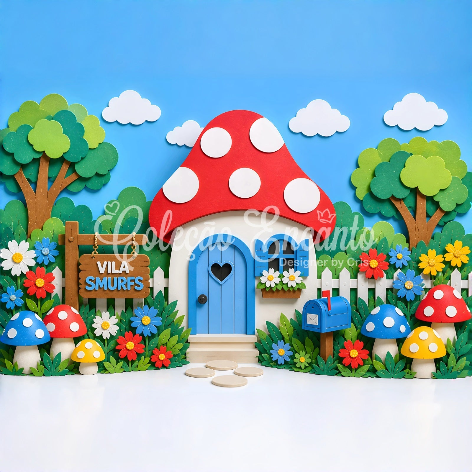 Toile de fond photo pour enfant avec maison champignon fleurs et jardin CEM65-17