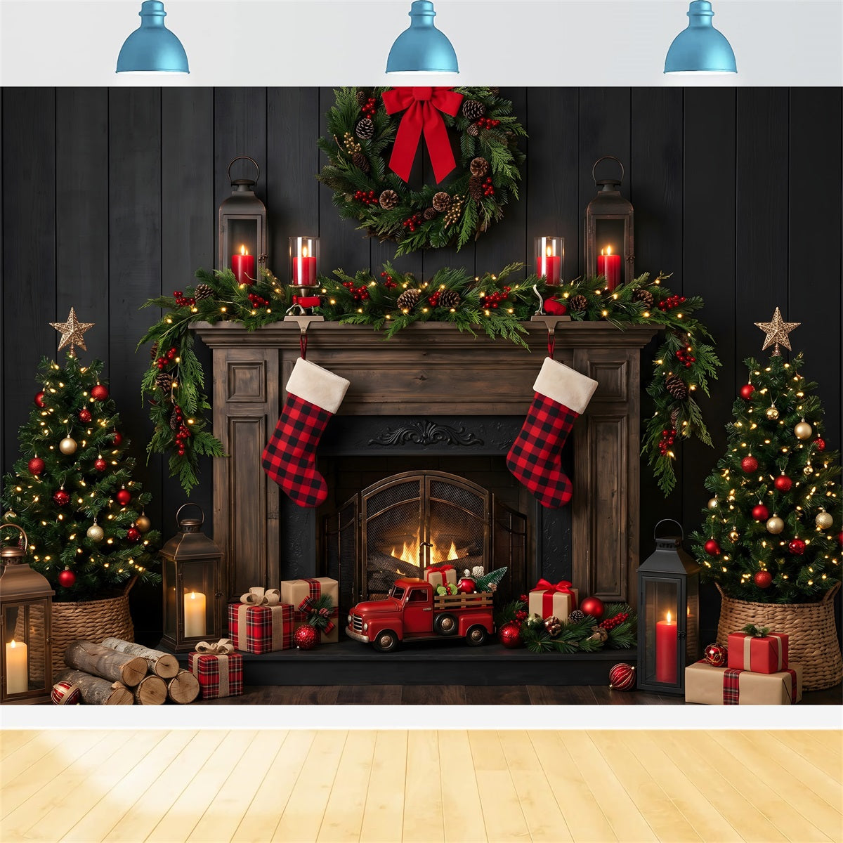 Toile de fond de Noël avec cheminée à carreaux camion et bas suspendus CEM65-170