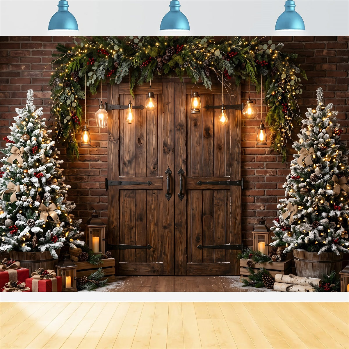 Toile de fond de Noël avec porte de grange rustique et ampoules rétro pour séance photo CEM65-174