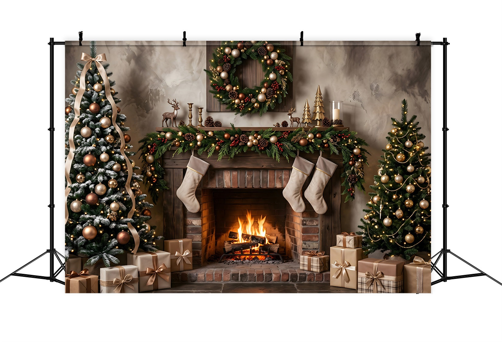 Toile de fond de Noël avec cheminée neutre bas suspendus et sapins dorés CEM65-176