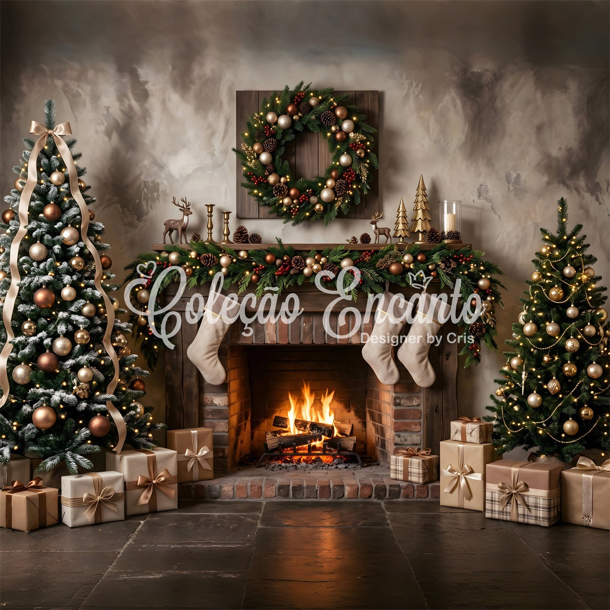 Toile de fond de Noël avec cheminée neutre bas suspendus et sapins dorés CEM65-176