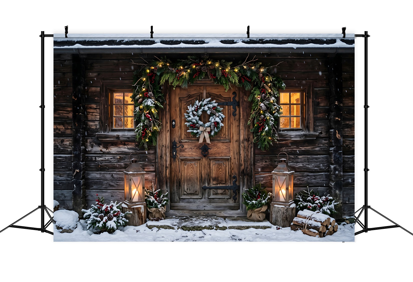 Toile de fond de Noël avec porte de chalet rustique enneigé et lanternes pour studio CEM65-178