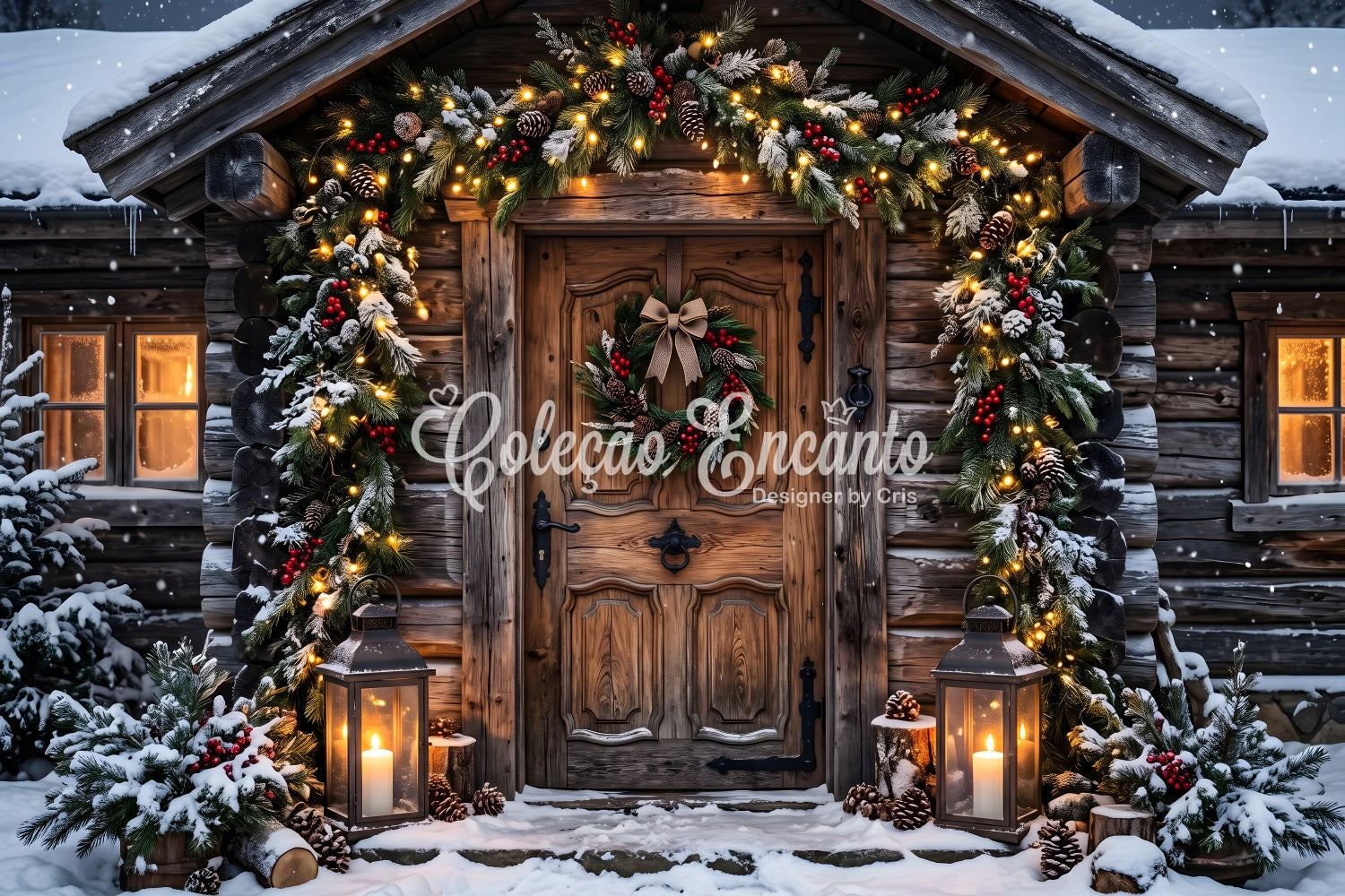 Toile de fond de village de Noël avec entrée de chalet en rondins givrée et guirlande CEM65-179