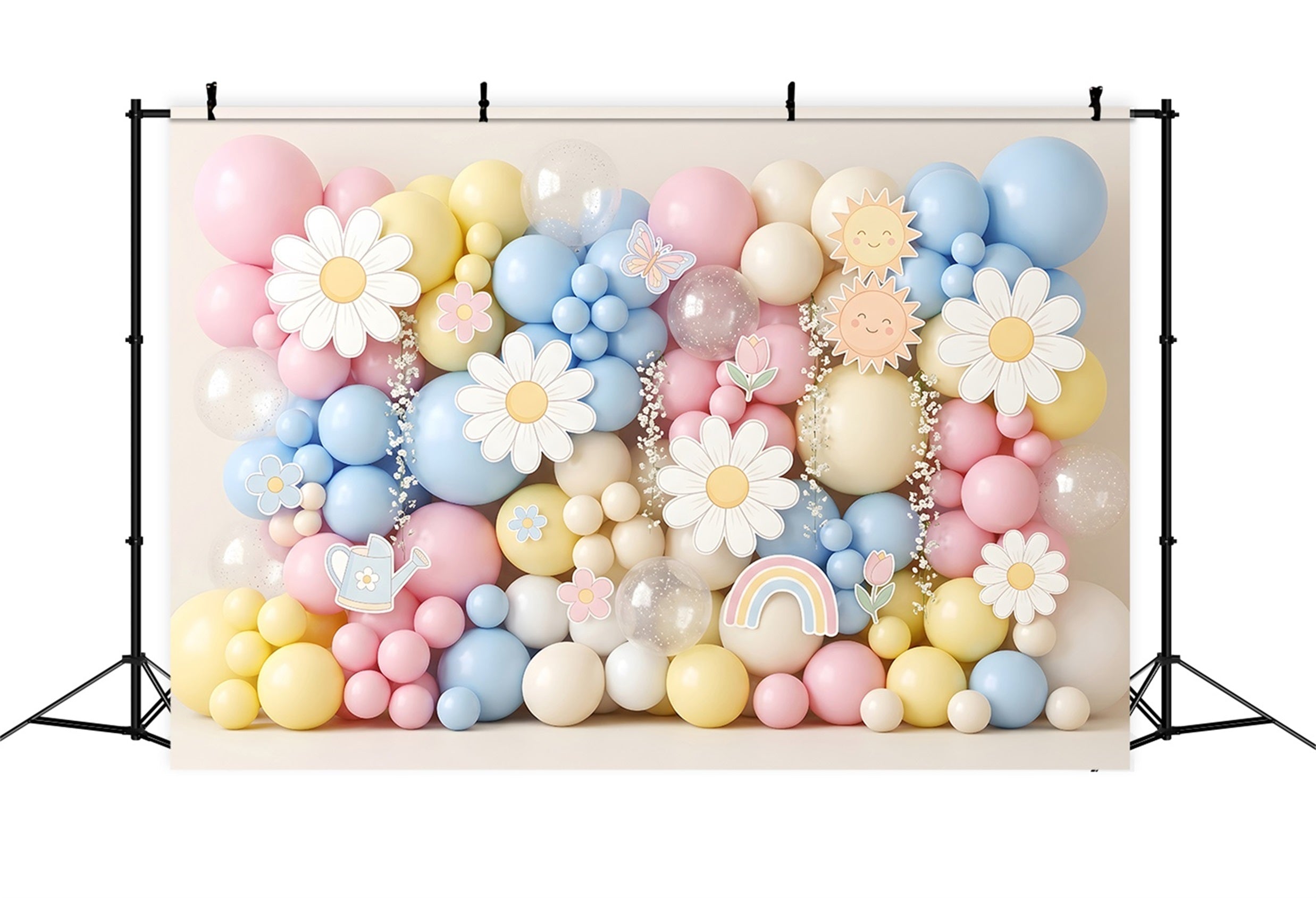 Toile de fond photo pour nouveau-né avec marguerites pastel soleil ballons et décor festif CEM65-18