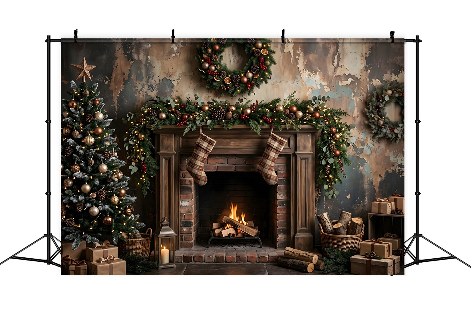 Toile de fond de Noël avec cheminée rustique sombre et bas suspendus pour photomaton CEM65-180