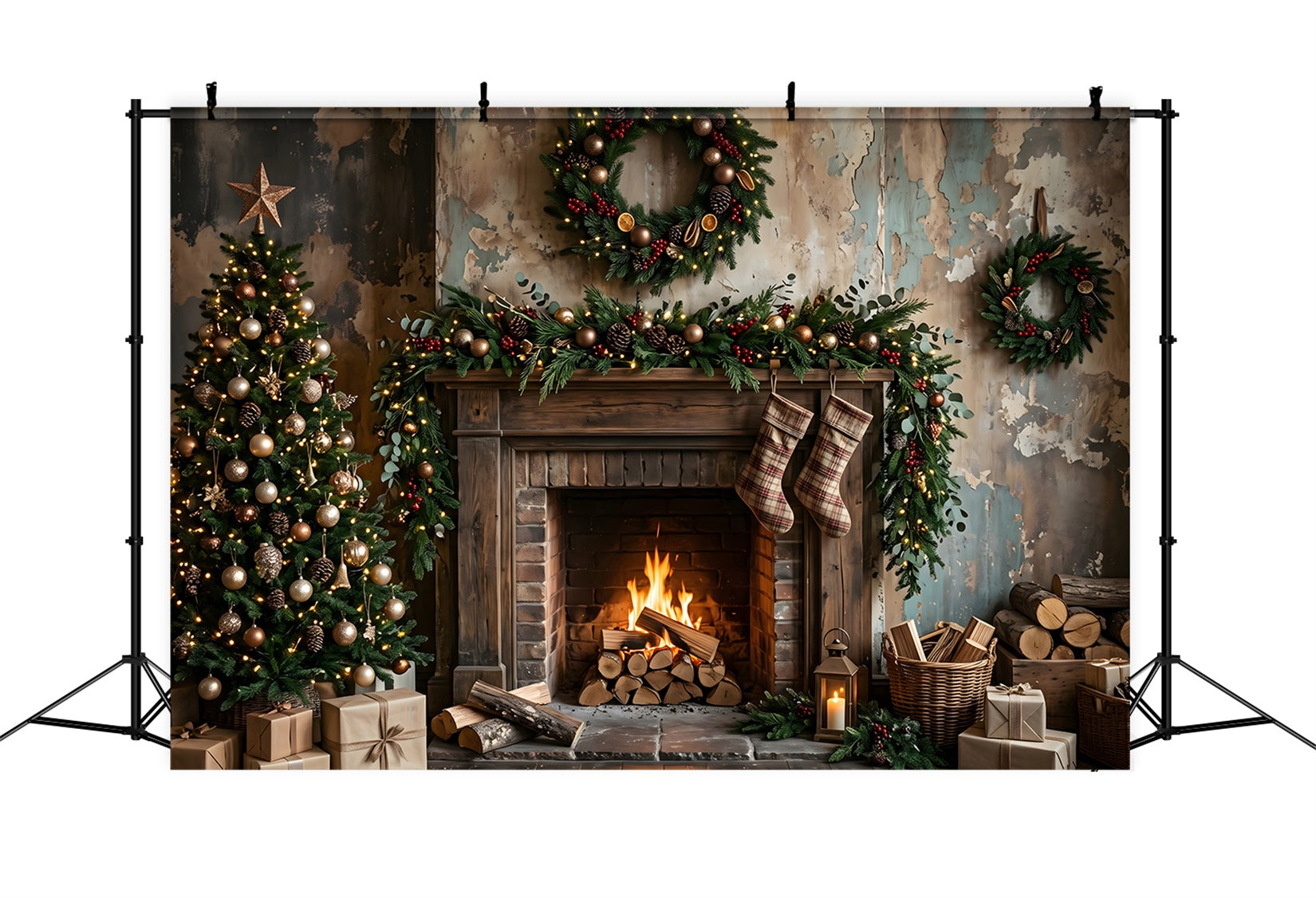 Toile de fond de Noël avec cheminée rustique patinée et bas à carreaux pour séance photo CEM65-181