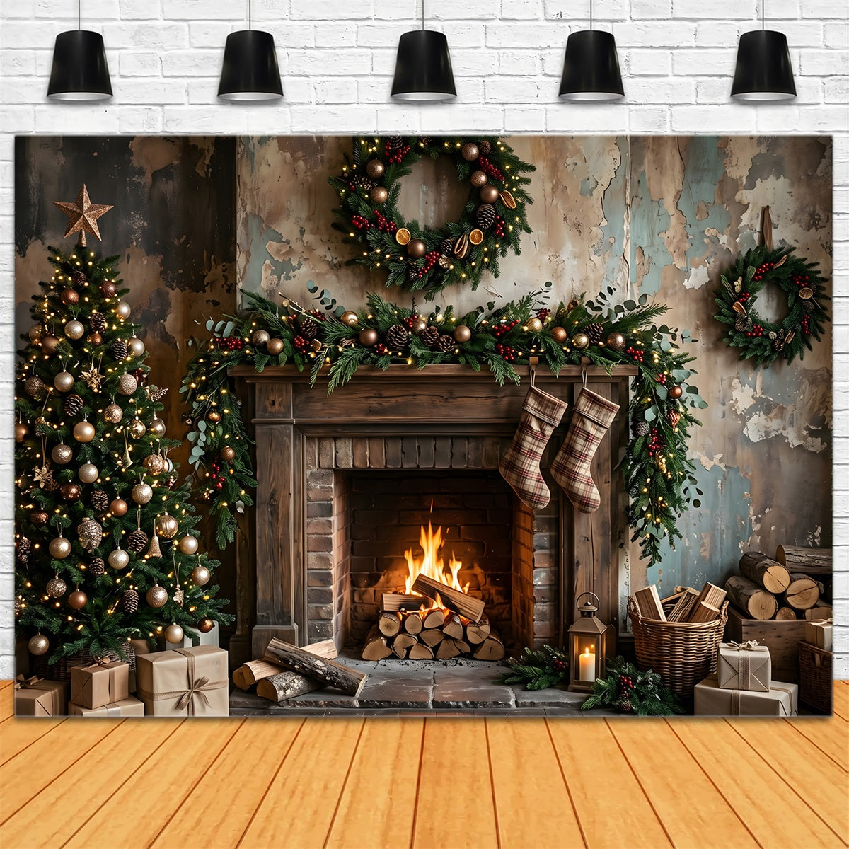 Toile de fond de Noël avec cheminée rustique patinée et bas à carreaux pour séance photo CEM65-181