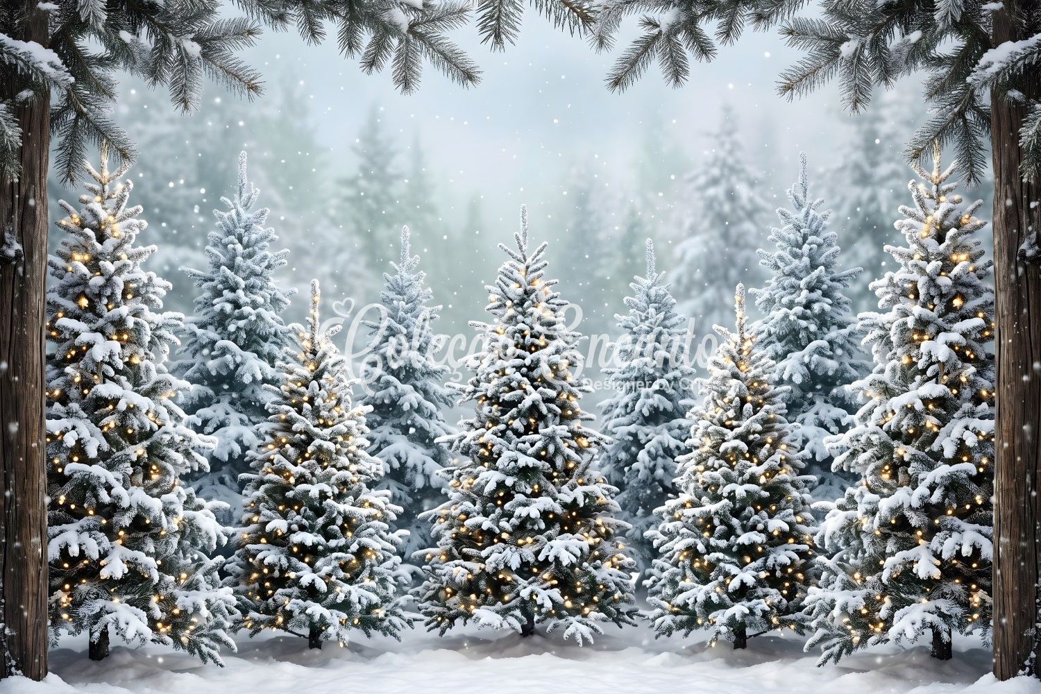 Toile de fond de forêt de Noël avec sapins enneigés et lumières chaleureuses pour photomaton CEM65-182