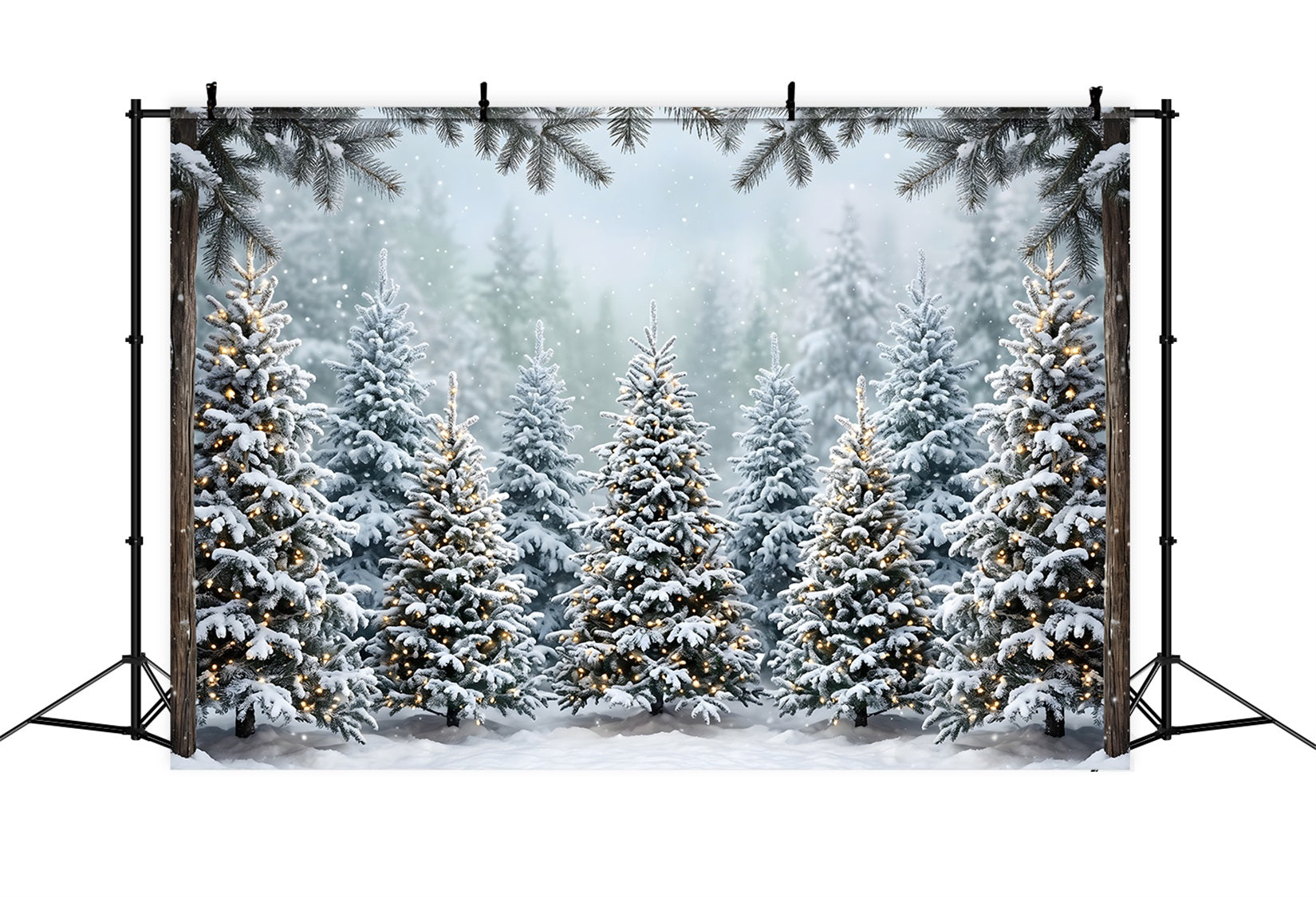 Toile de fond de forêt de Noël avec sapins enneigés et lumières chaleureuses pour photomaton CEM65-182