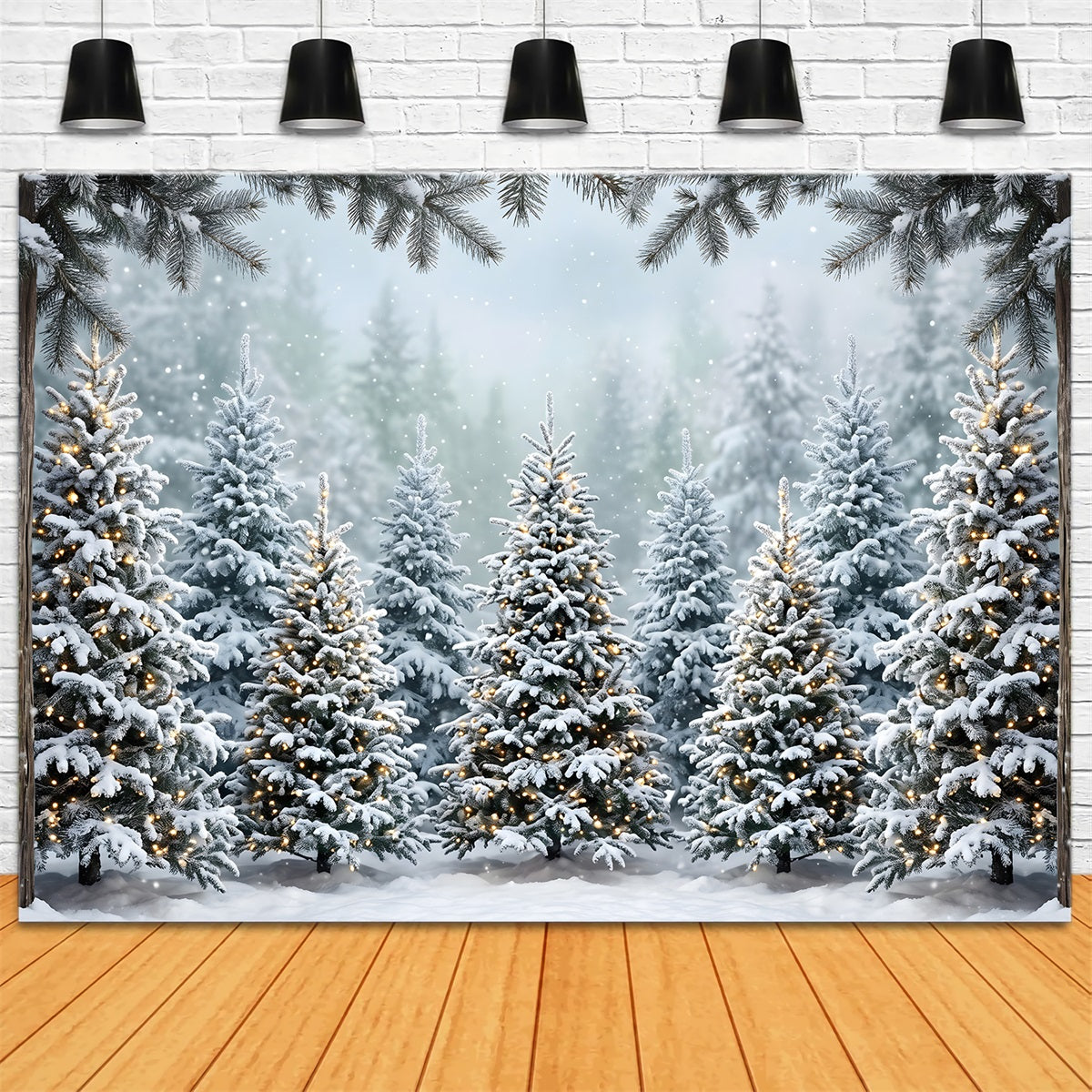 Toile de fond de forêt de Noël avec sapins enneigés et lumières chaleureuses pour photomaton CEM65-182