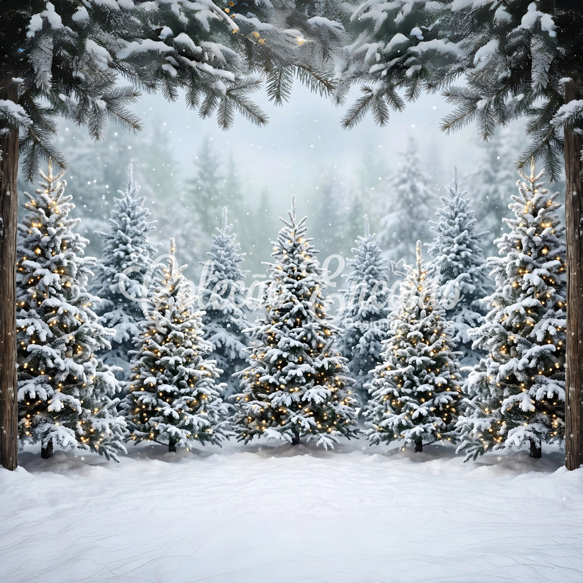Toile de fond de forêt de Noël avec sapins enneigés et lumières chaleureuses pour photomaton CEM65-182