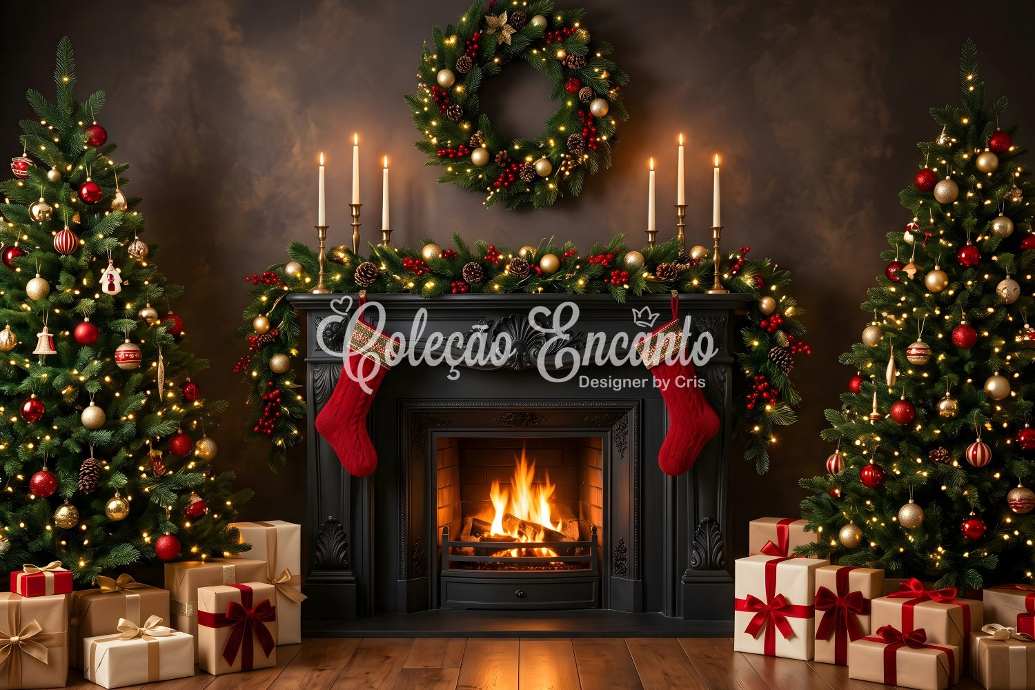 Toile de fond de Noël avec cheminée noire bougies et bas suspendus pour séance photo CEM65-184