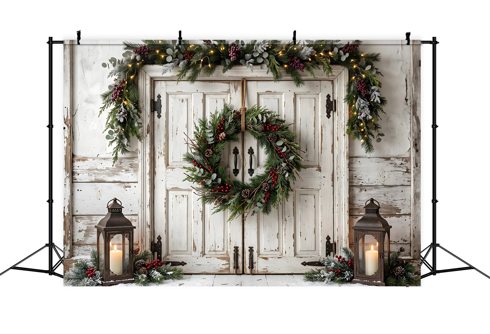 Toile de fond de Noël pour photographie avec porte blanche et couronne suspendue CEM65-186