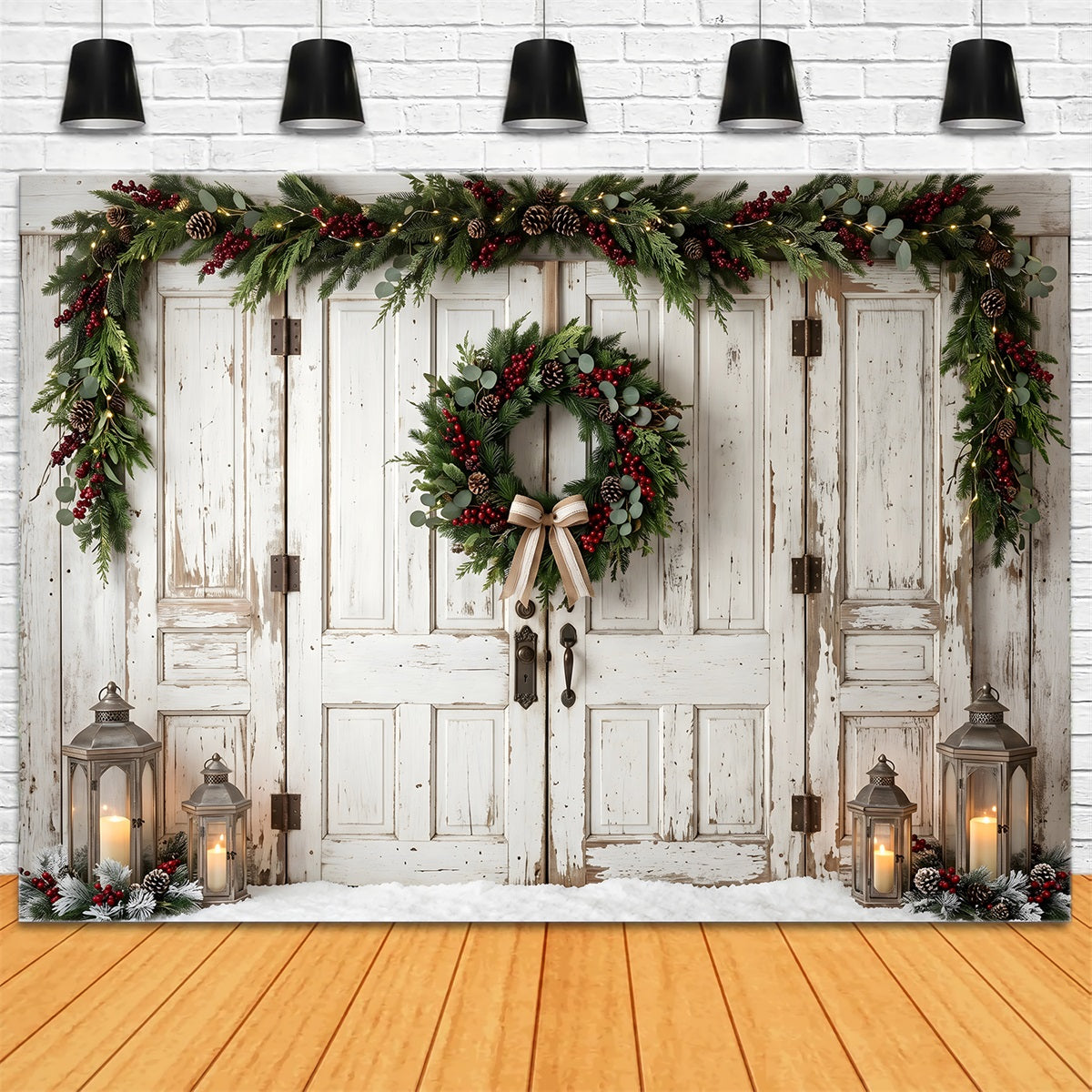 Toile de fond de Noël format 10 × 20 avec ancienne porte blanche nœud et couronne pour photomaton CEM65-187