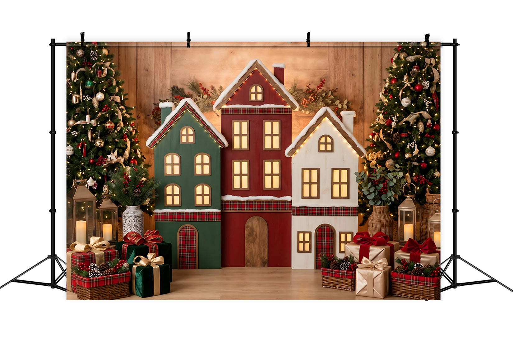 Toile de fond de Noël avec ornements maisons à carreaux et sapins lumineux CEM65-191