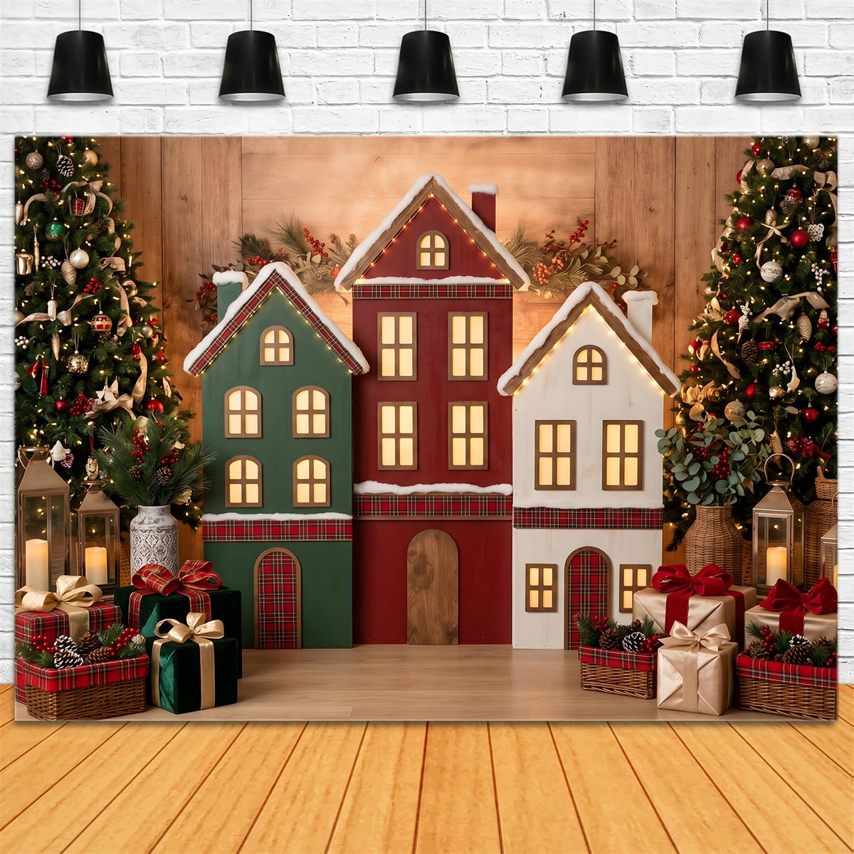 Toile de fond de Noël avec ornements maisons à carreaux et sapins lumineux CEM65-191
