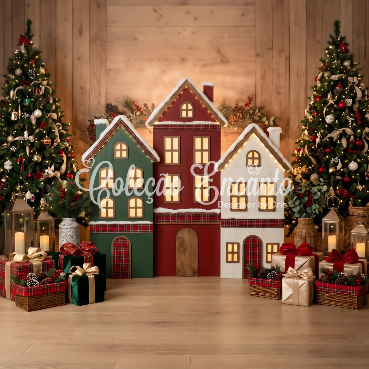 Toile de fond de Noël avec ornements maisons à carreaux et sapins lumineux CEM65-191