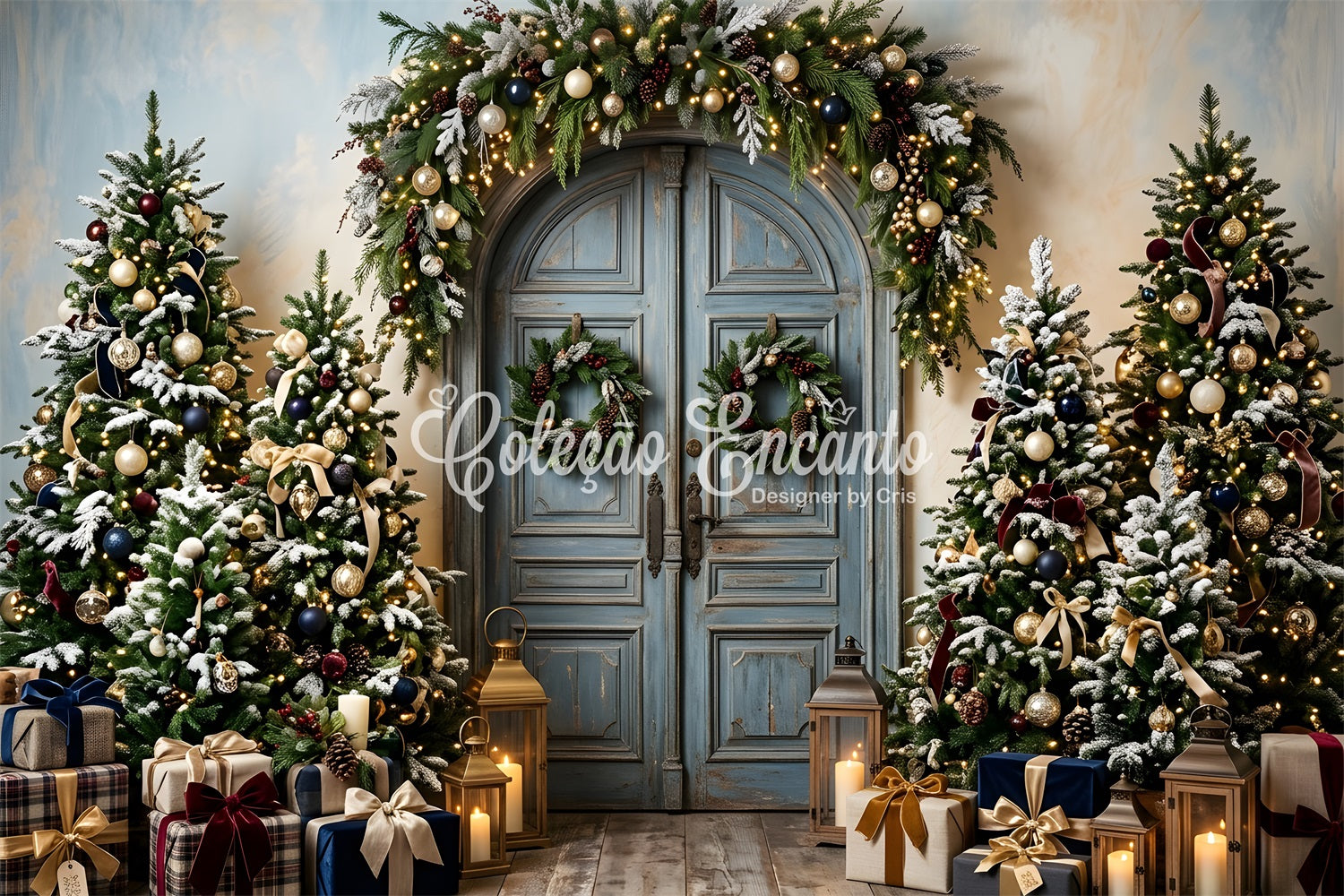 Toile de fond photo de Noël avec porte bleue rétro et sapins givrés CEM65-192