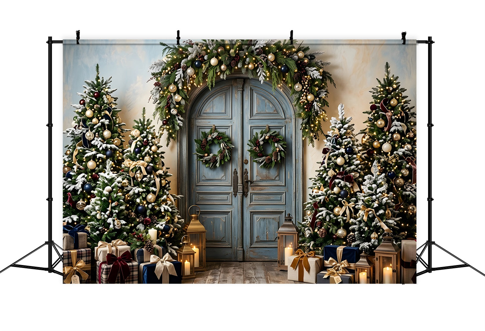 Toile de fond photo de Noël avec porte bleue rétro et sapins givrés CEM65-192